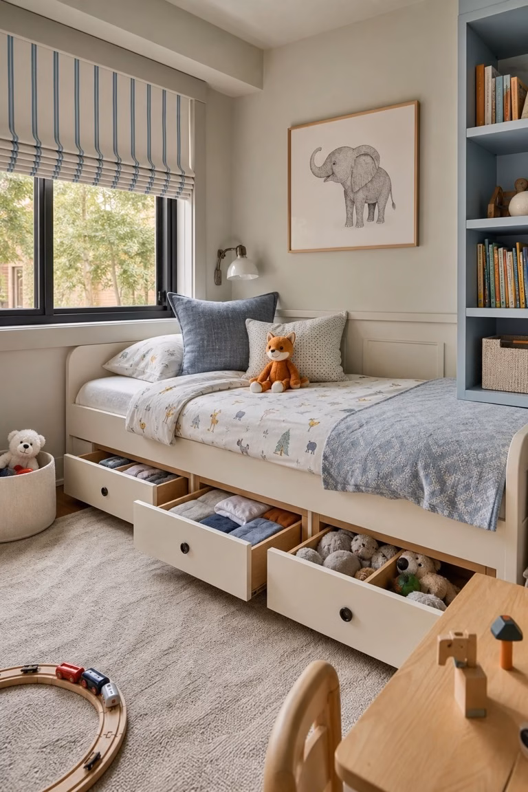 Low captain's storage bed in a child's small room with wide drawers.