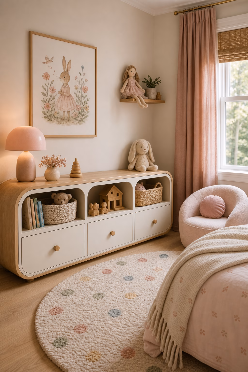 add rounded storage at toddler height shown in a polished toddler girl bedroom with realistic materials and natural light.