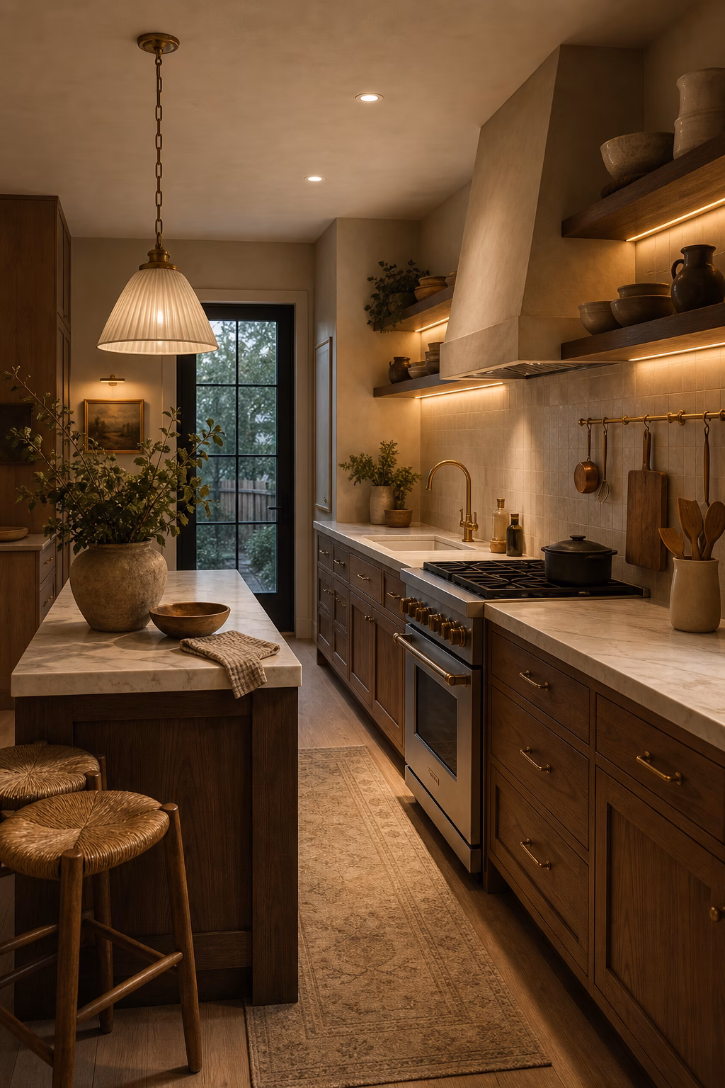 Cozy kitchen with layered pendant and under shelf lighting