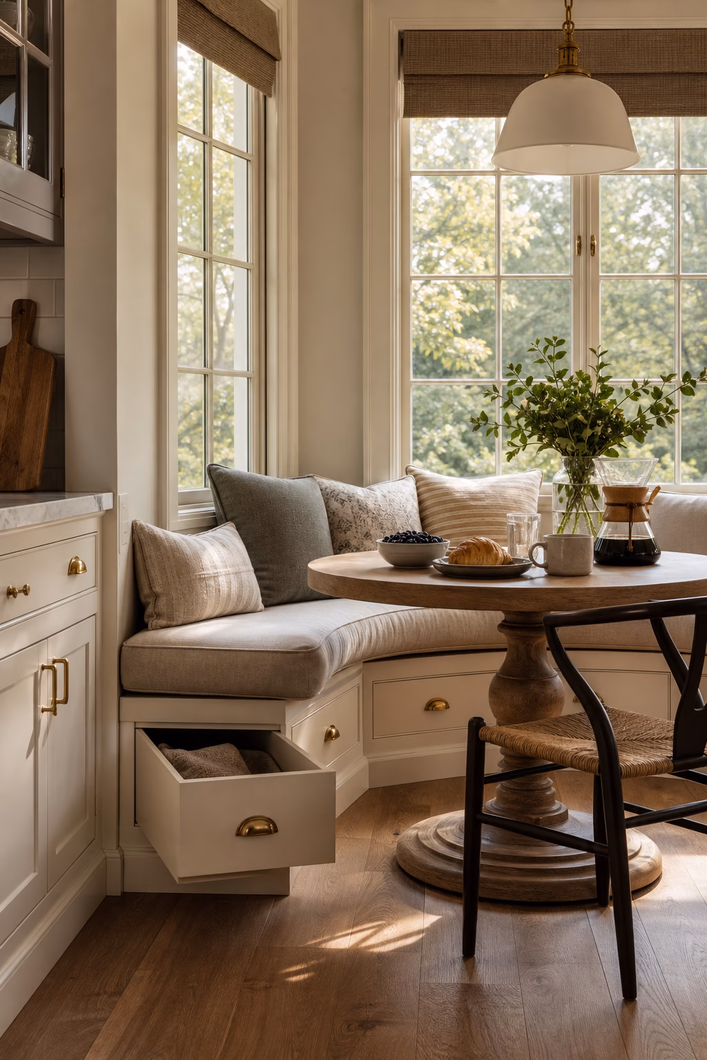 Breakfast nook with hidden storage drawers beneath banquette seating.