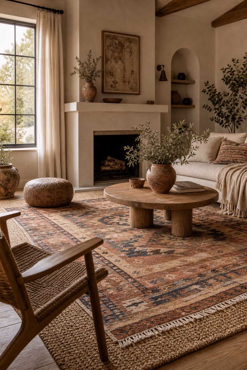 Layered jute and kilim rugs in a warm boho living room
