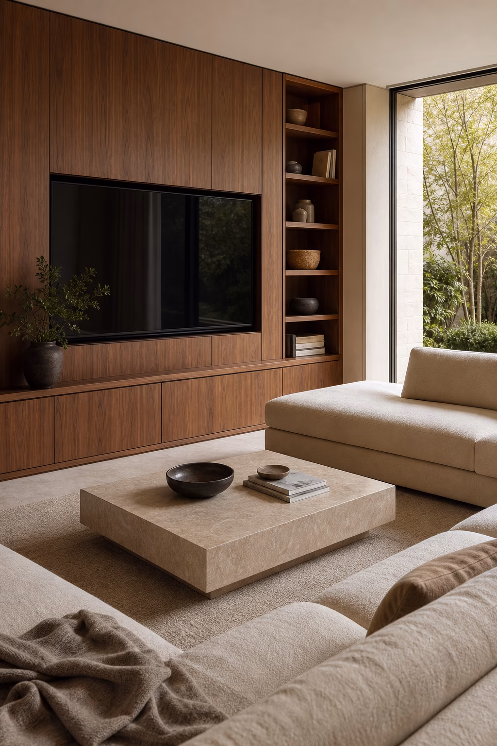 Walnut media wall replacing flat white minimalism in a modern family room