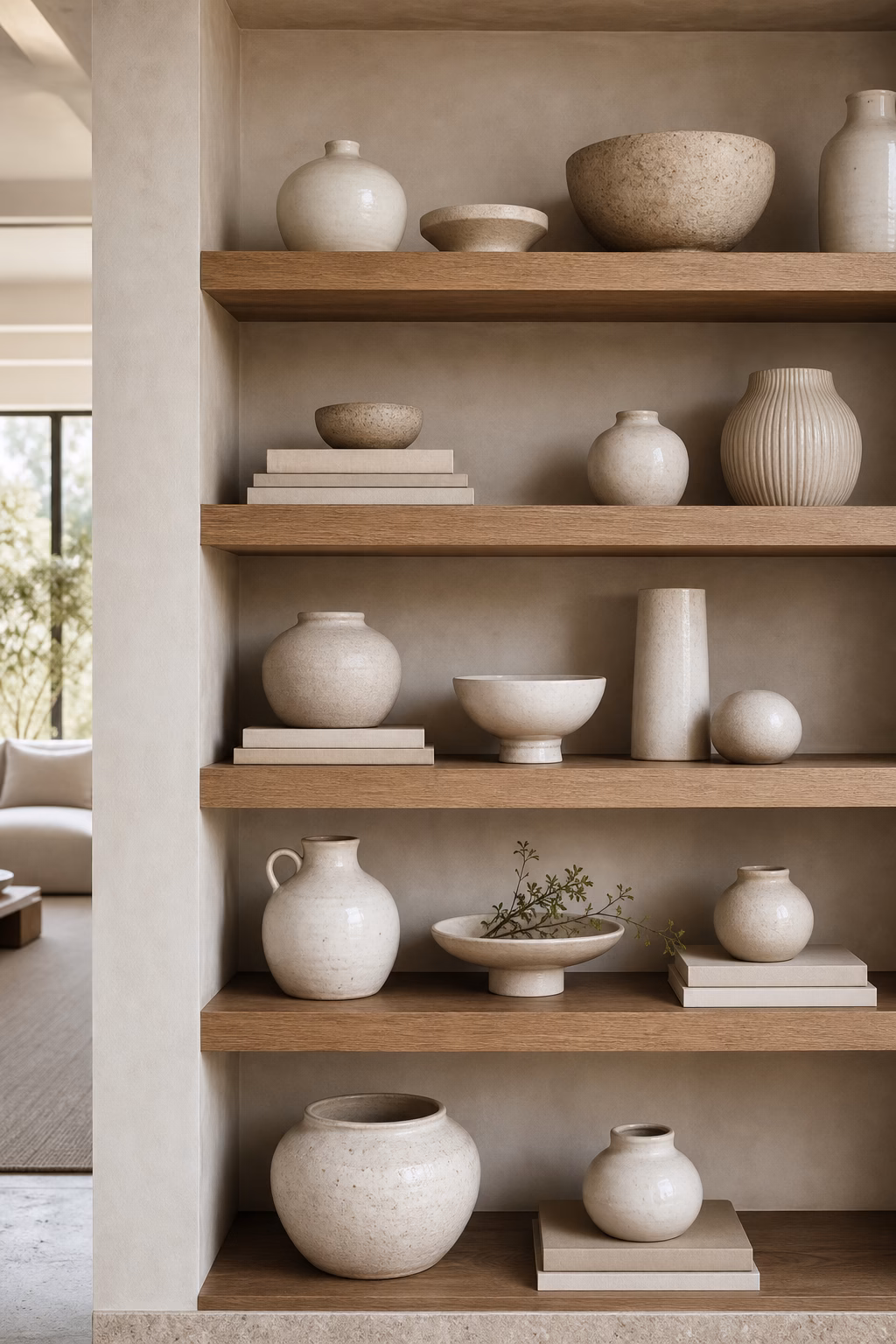 Repeated ceramic color family creating calm shelf decor