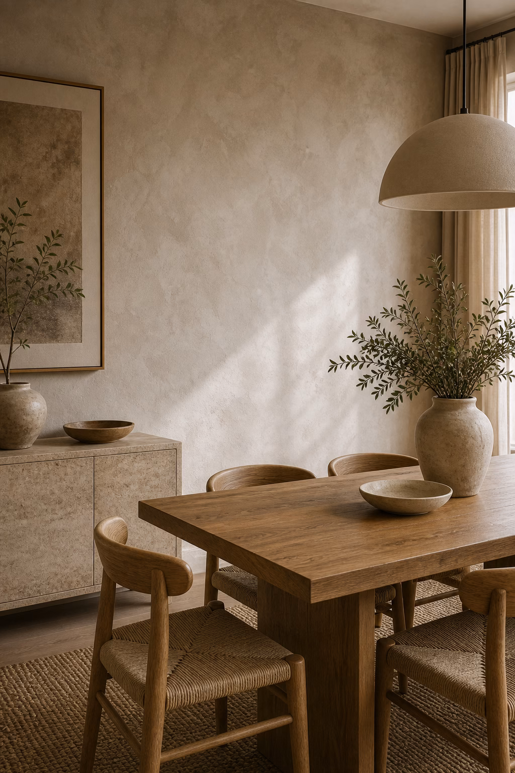 use limewash or plaster walls shown in a polished organic modern dining room with realistic materials and natural light.