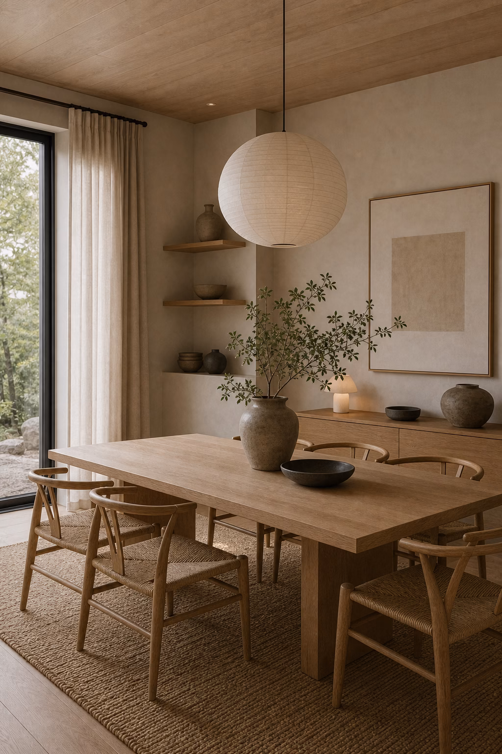 keep the palette soft and grounded shown in a polished Japandi dining room with realistic materials and natural light.