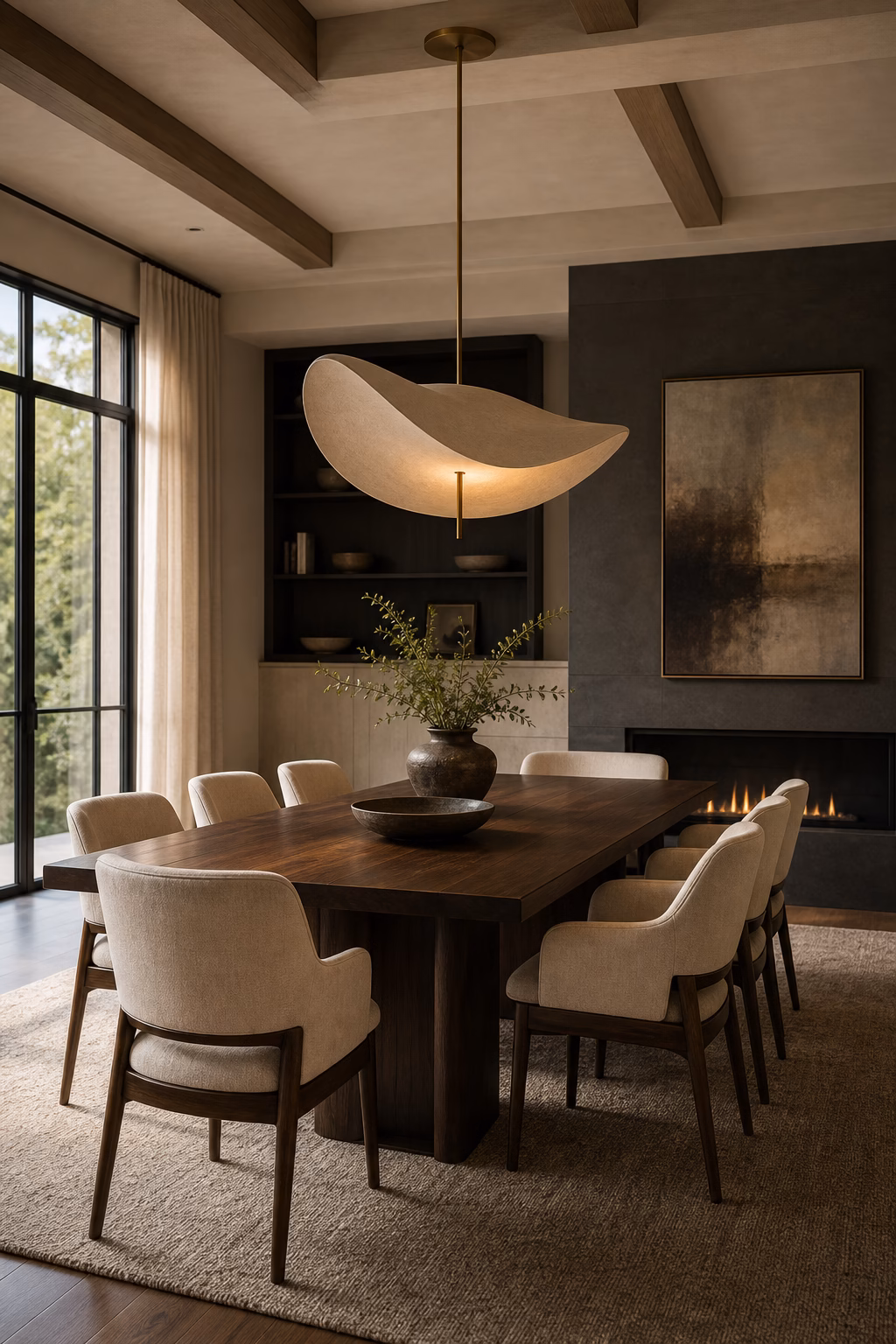 Contemporary dining room with a sculptural pendant centered above the table.