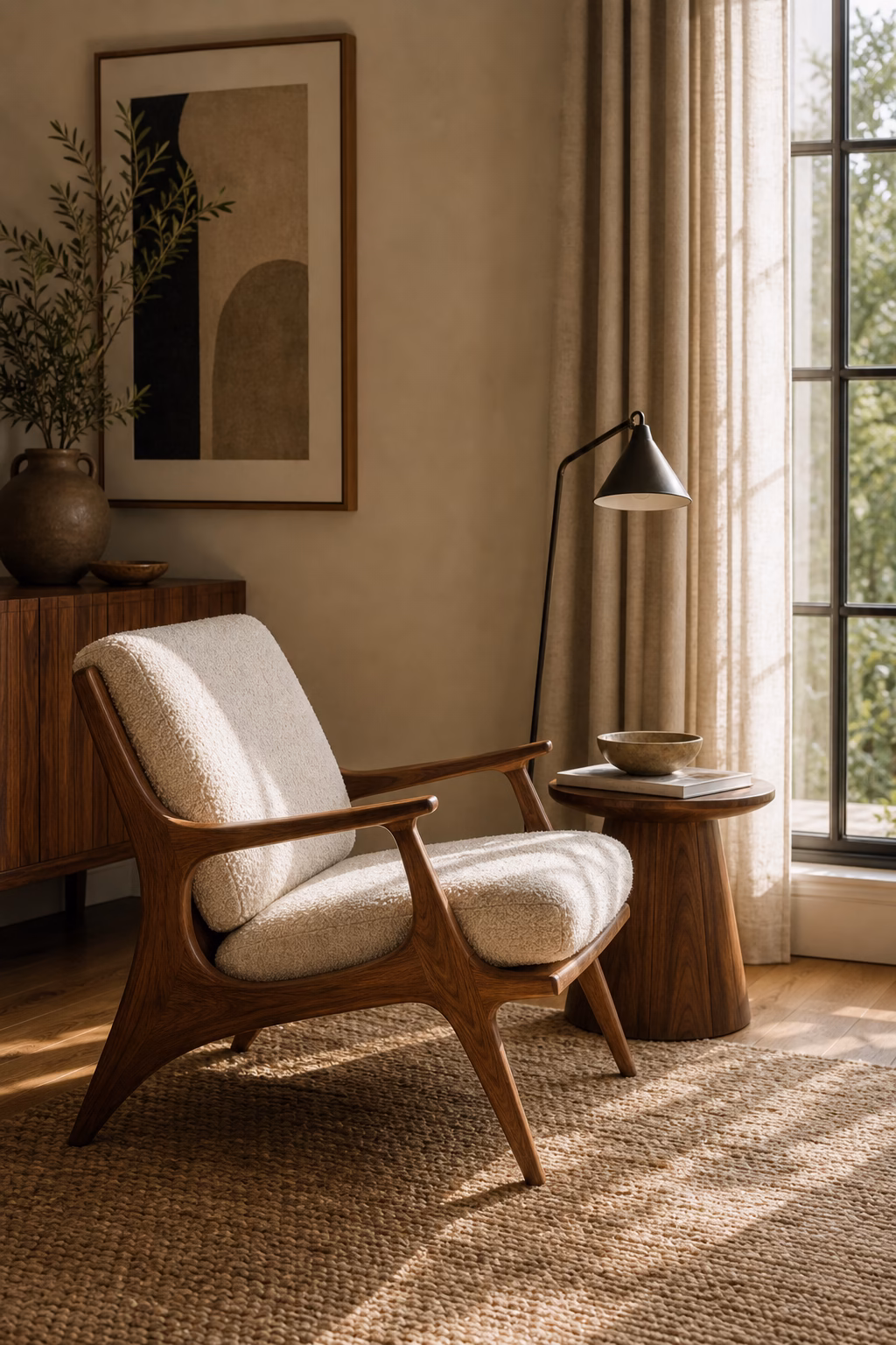 Sculptural mid-century lounge chair in a bright living room corner