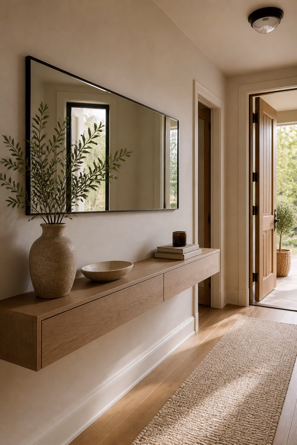 Long horizontal mirror above a shallow console in a narrow entry