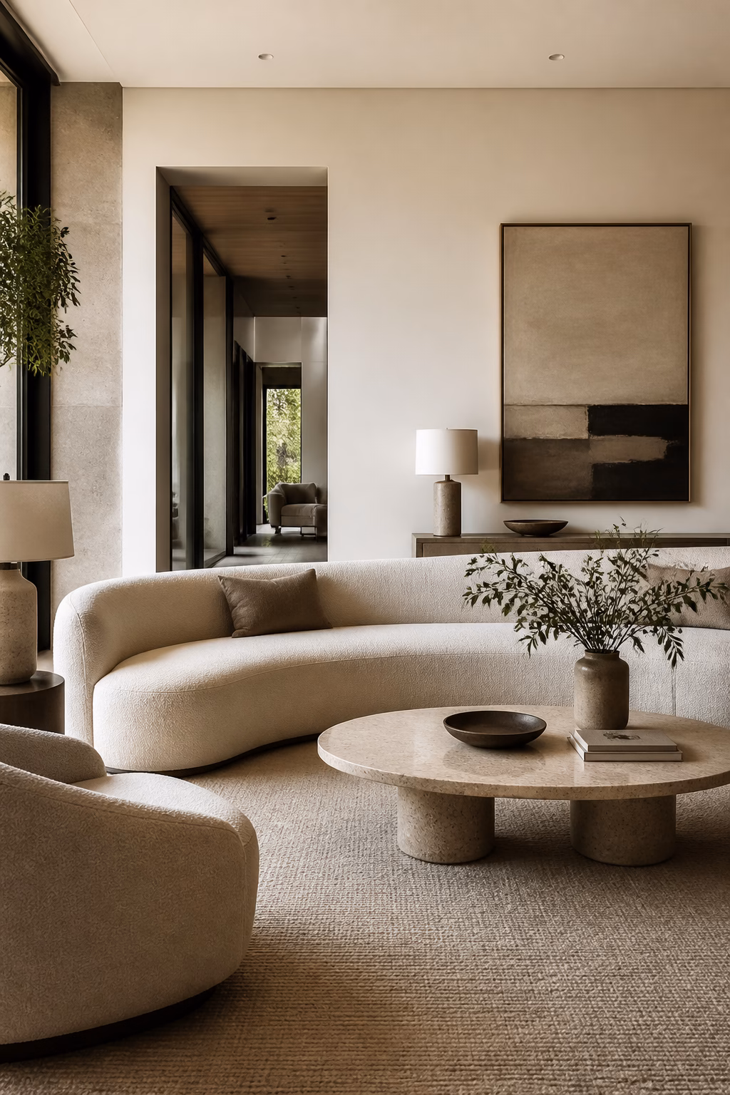 Curved cream sofa in a contemporary luxury living room