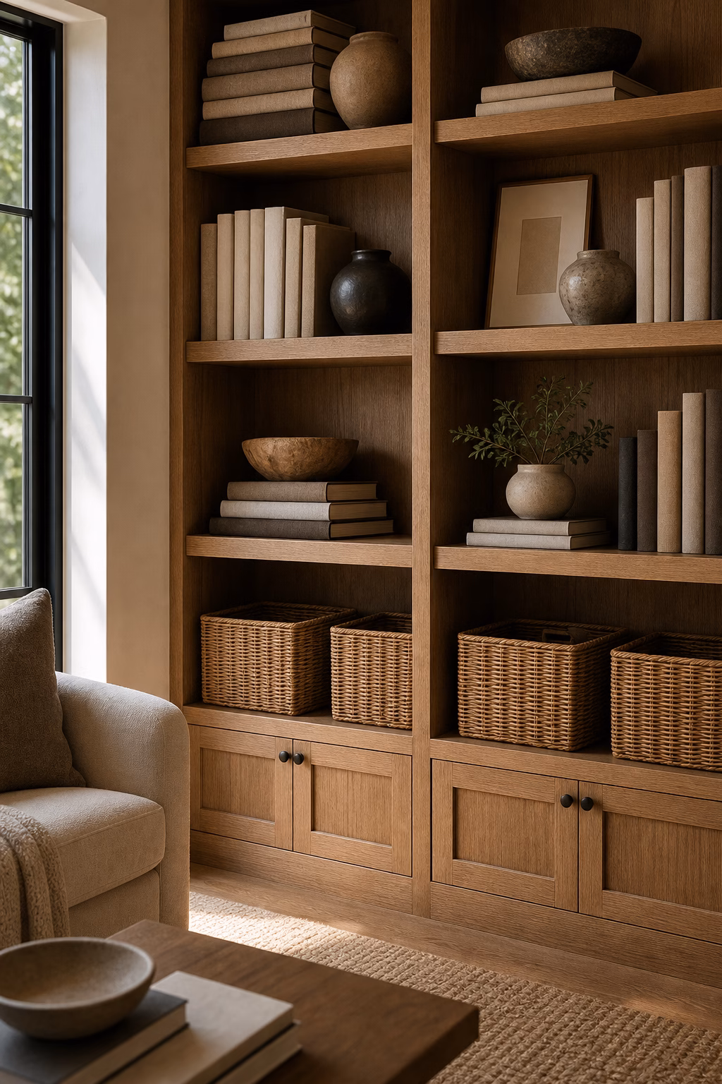 Woven baskets on lower bookshelves maximizing hidden storage