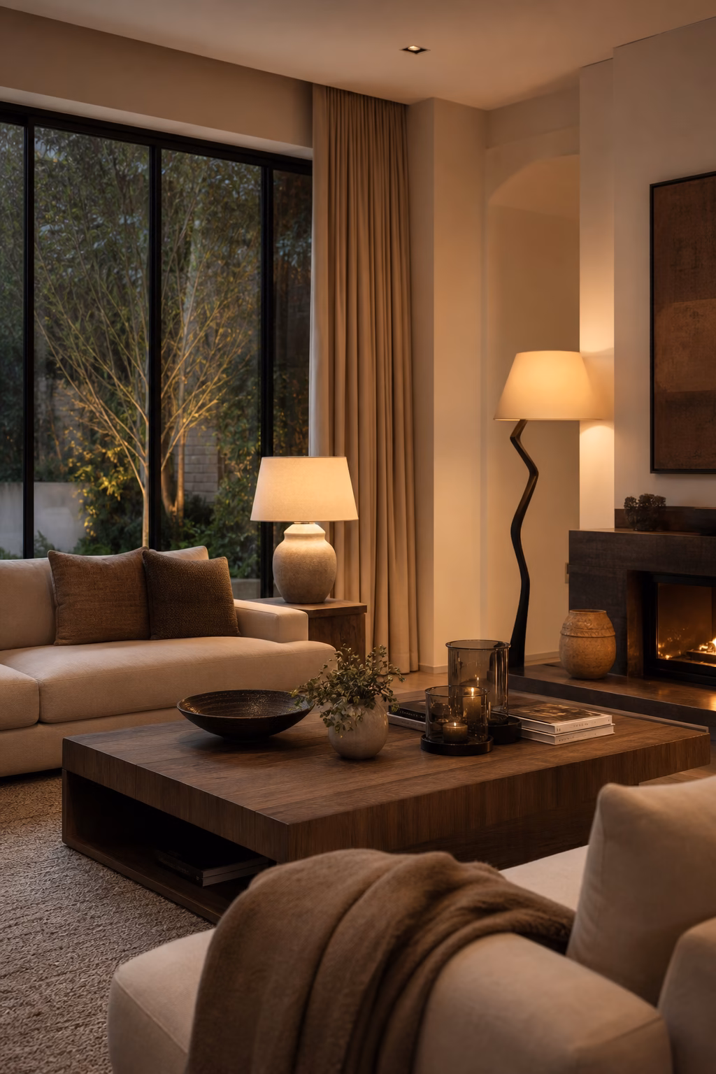 Aesthetic living room with sculptural floor lamp and layered lighting