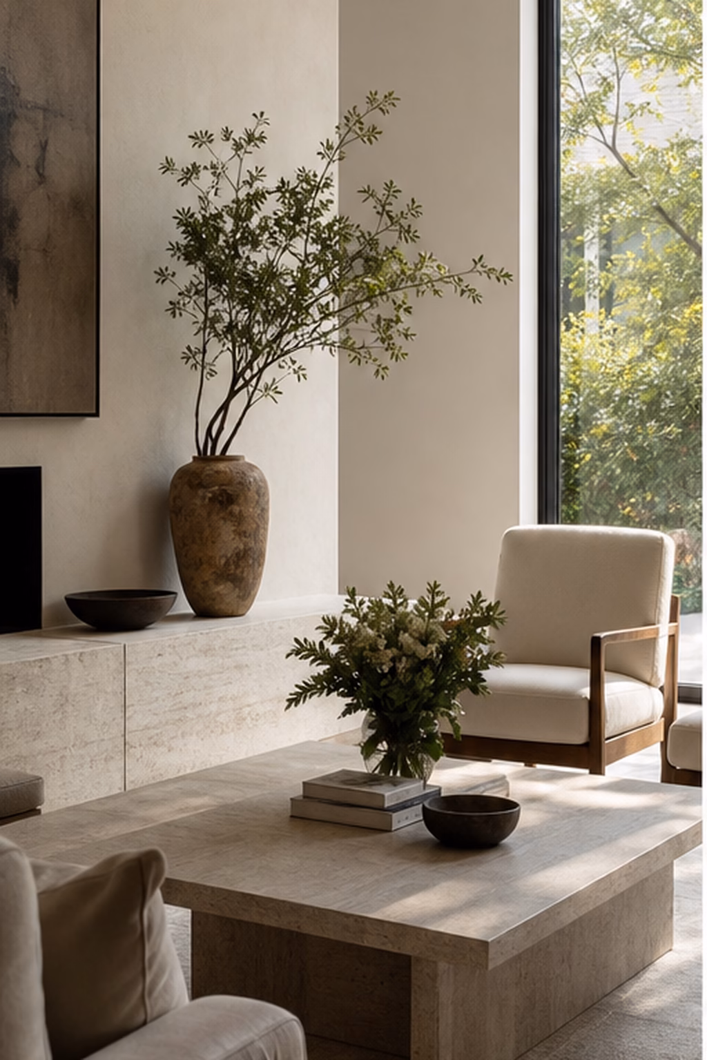 Honed stone table anchoring a refined modern sitting room