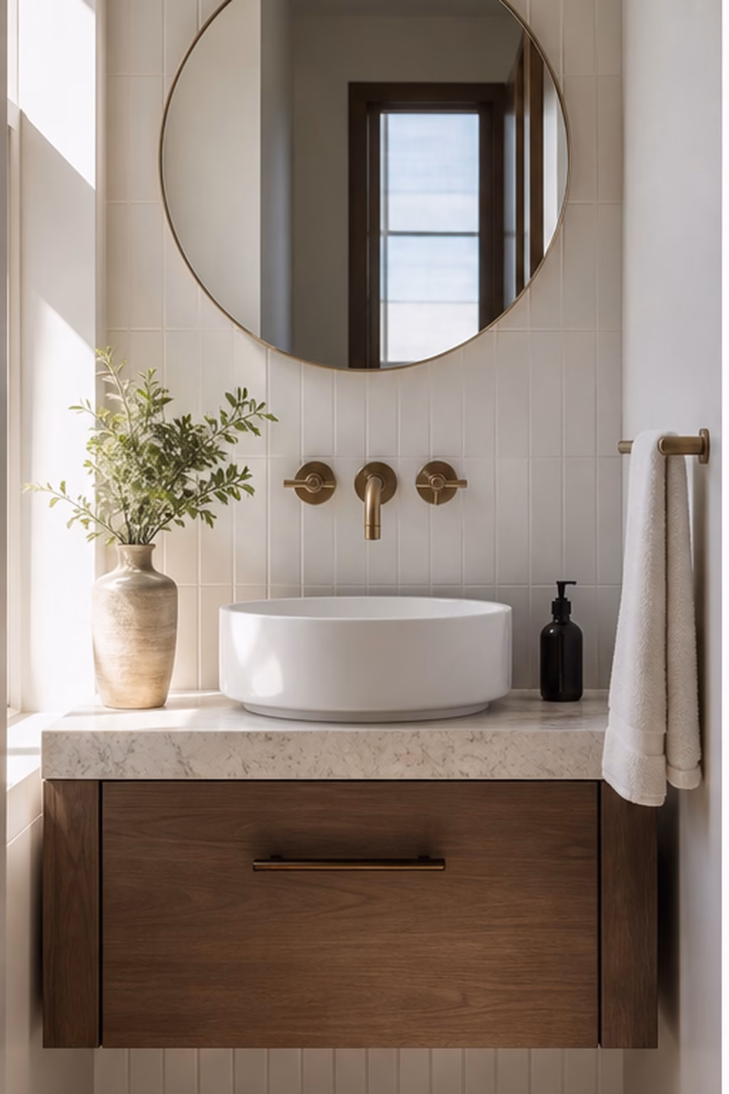Round mirror centered above a tiny bathroom vanity