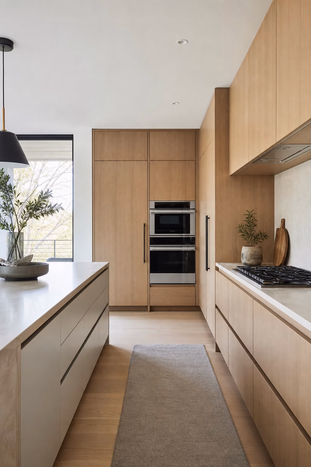 Refined kitchen remodel with slab cabinet doors, slim reveals, and subtle material depth.