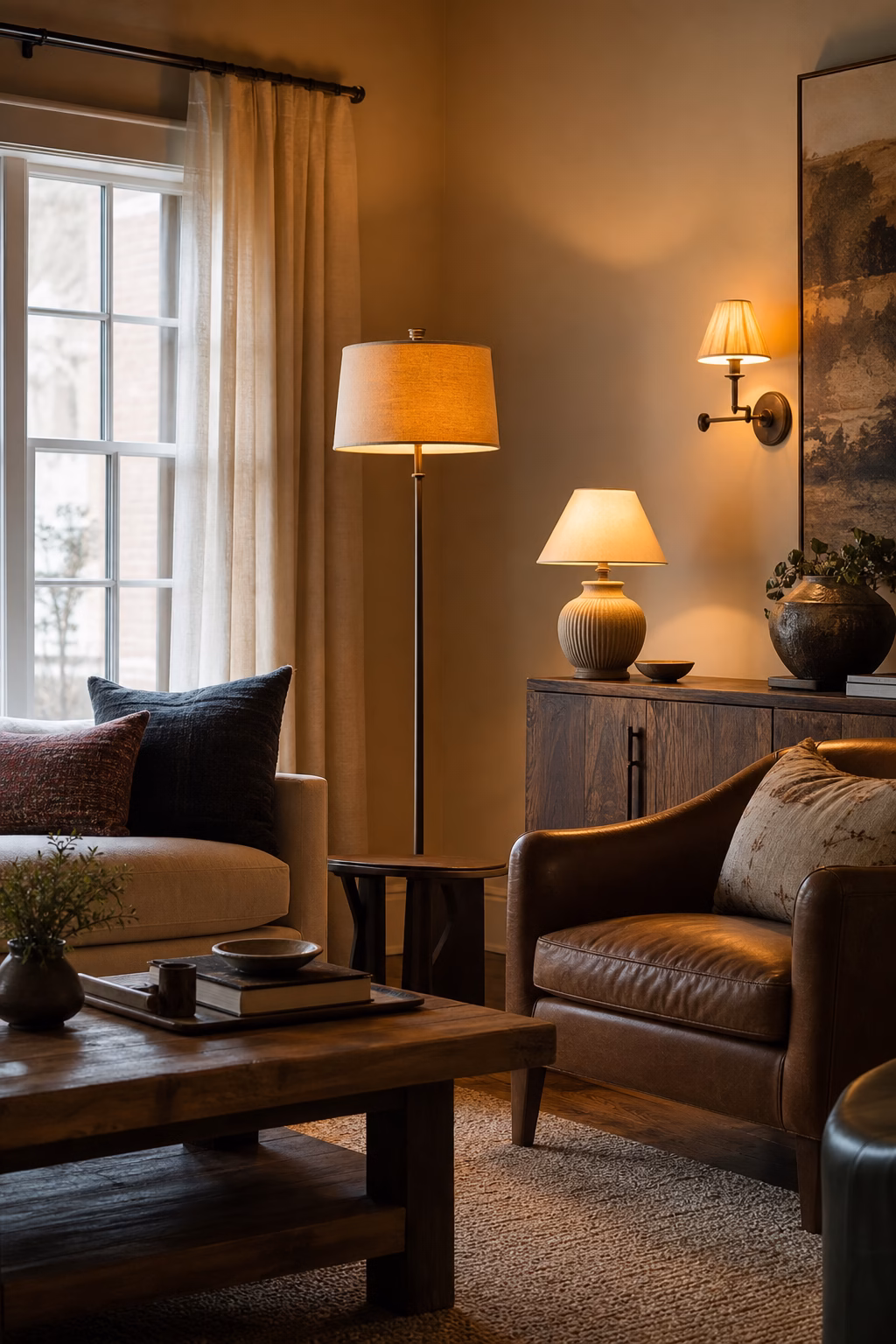Apartment living area with floor lamp table lamp and warm layered lighting