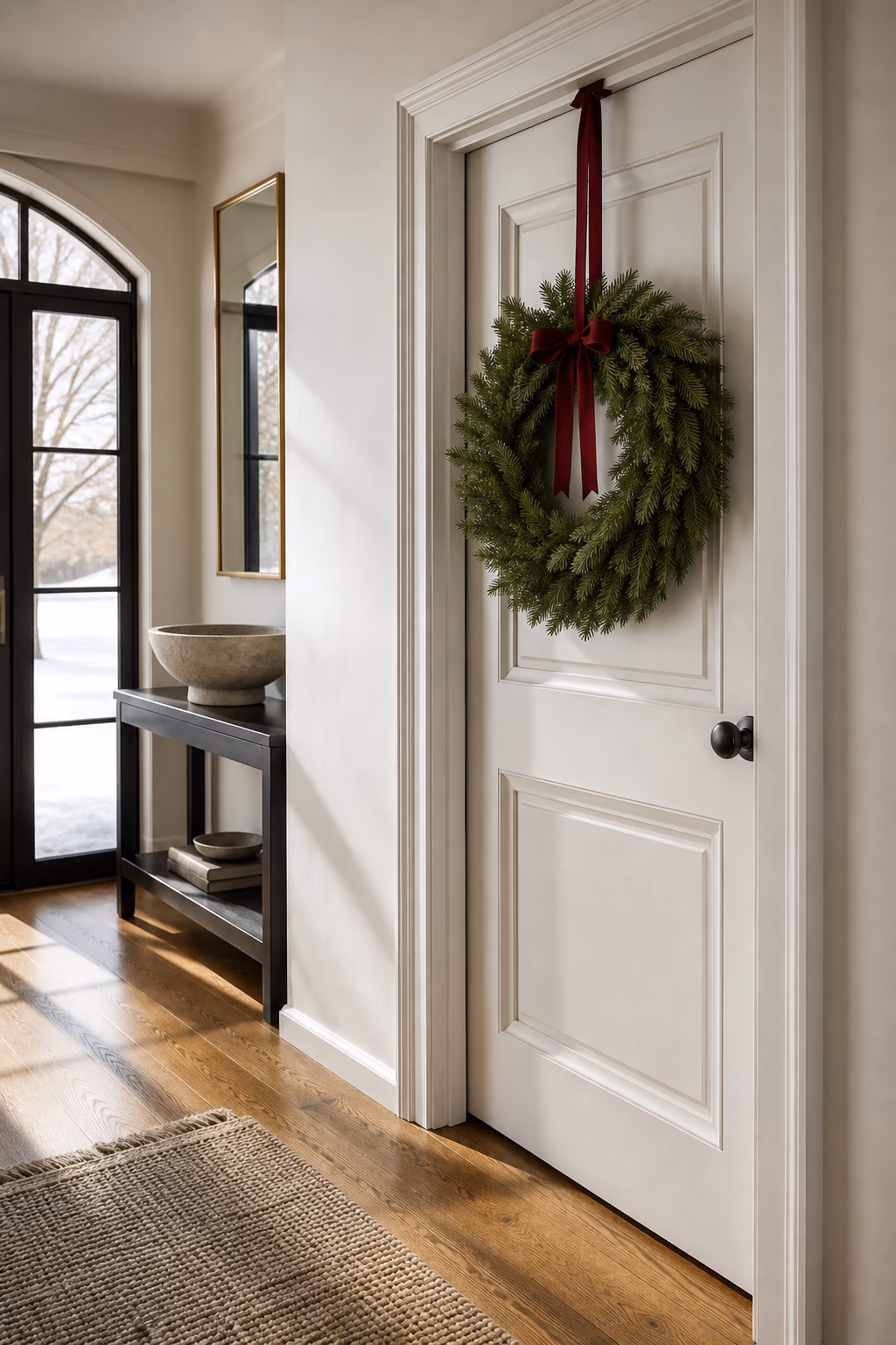 Evergreen wreath placed at a guest sightline in a polished entry