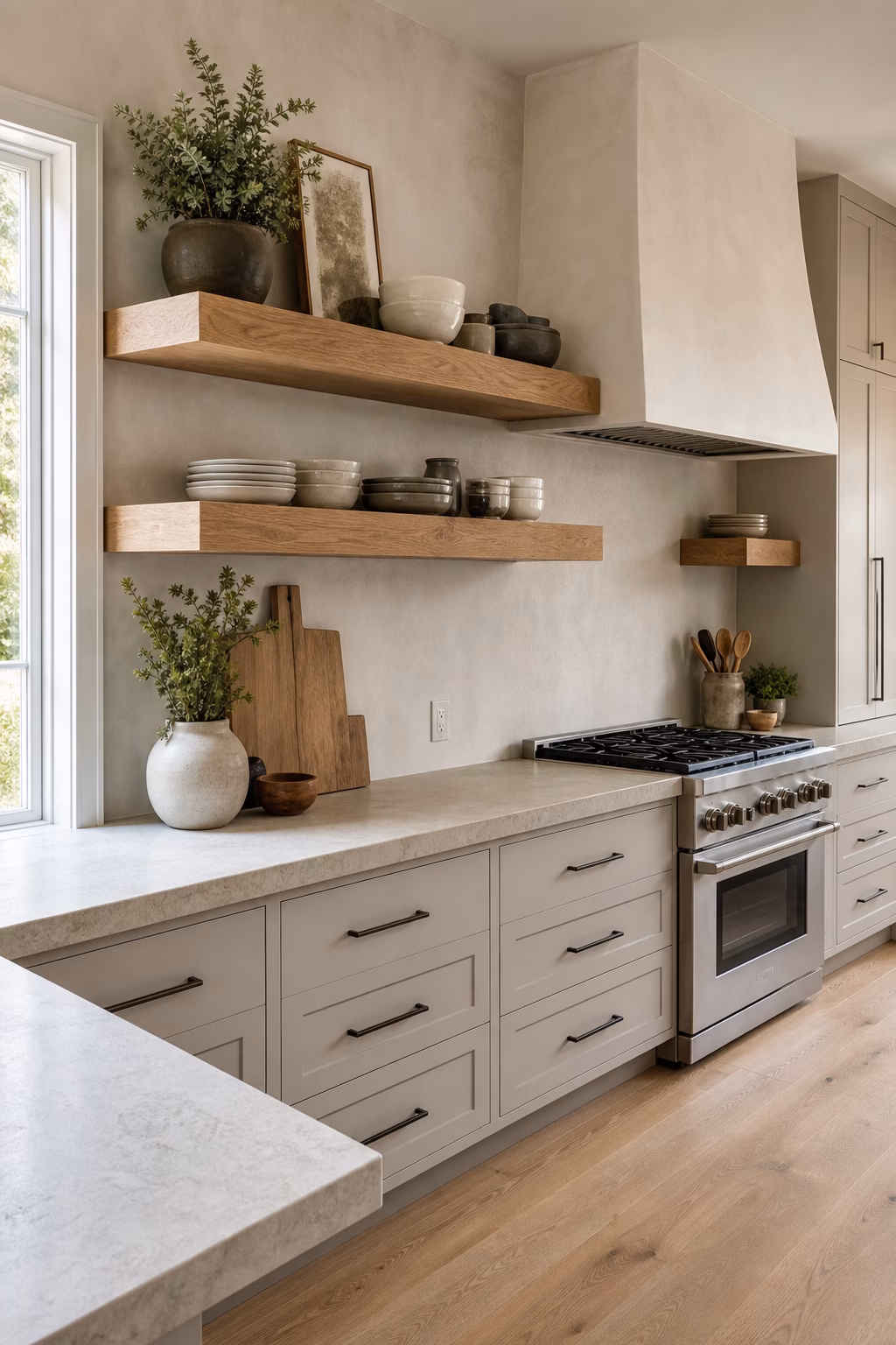 Modern kitchen with thick rift oak open shelves and refined ceramic storage.