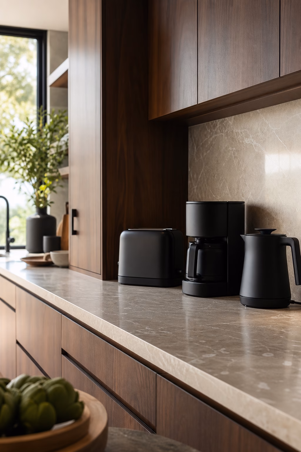 Coordinated matte black appliances creating a sleek kitchen counter