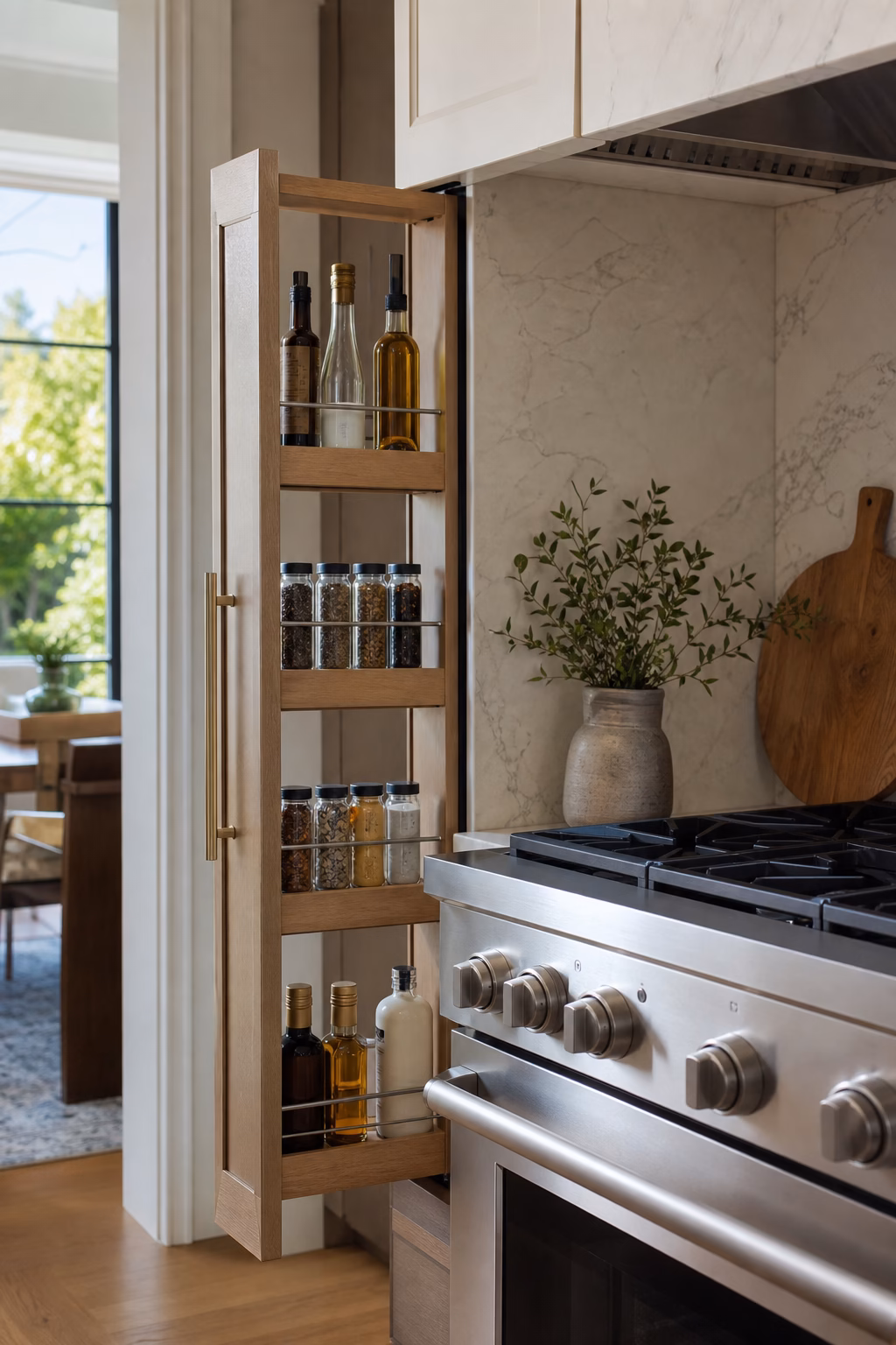 Kitchen range wall with a narrow pullout cabinet for bottles, spices, and wraps.