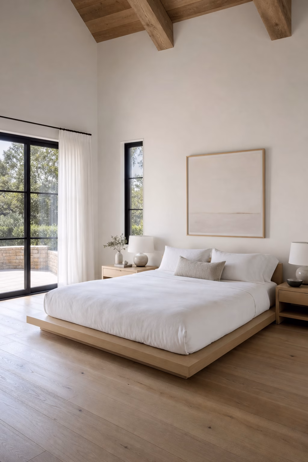 Modern white bedroom with a low pale oak platform bed, crisp bedding, and clean lines.