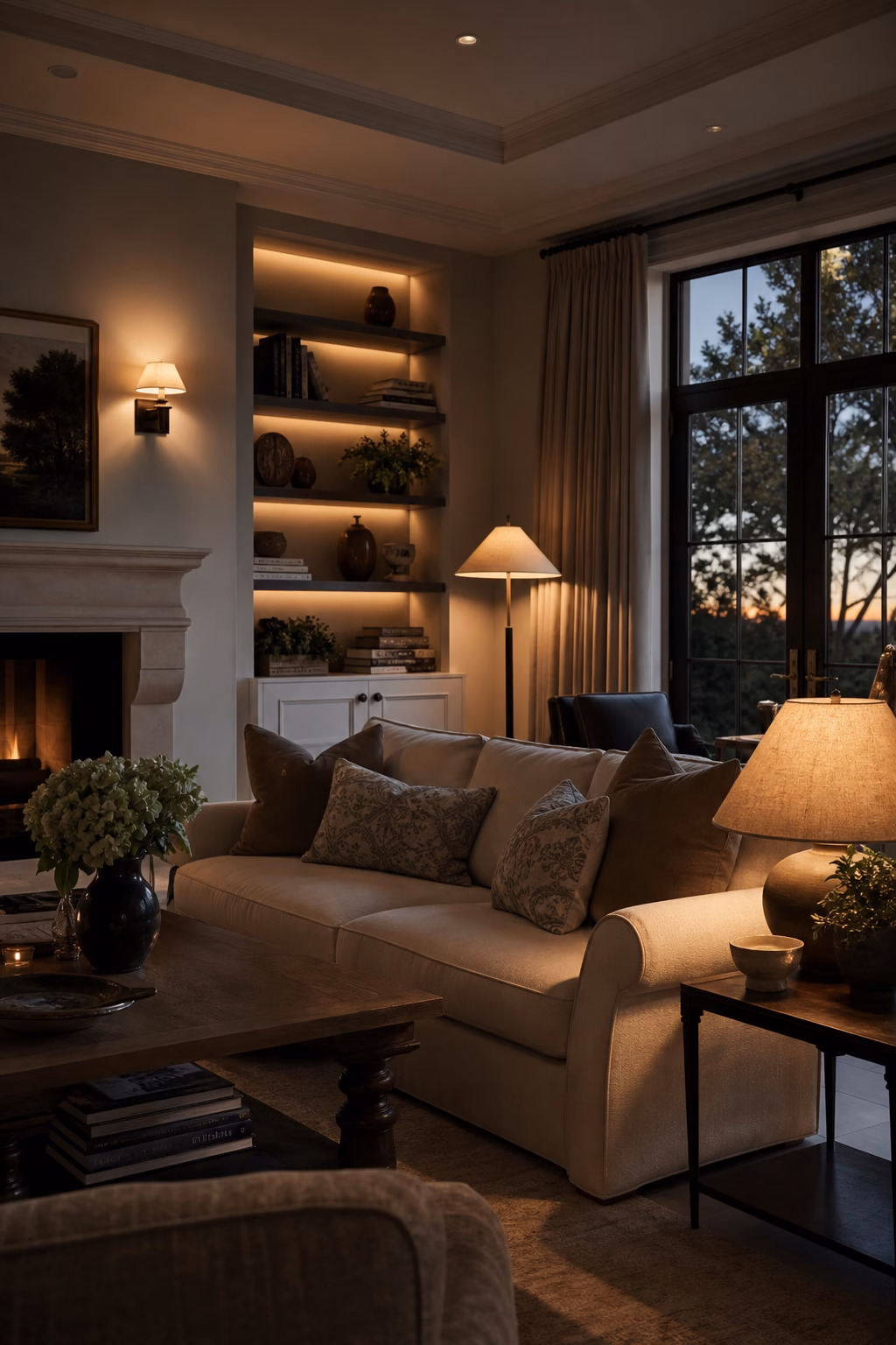 Cosy living room with table lamps floor lamp sconces and warm evening glow