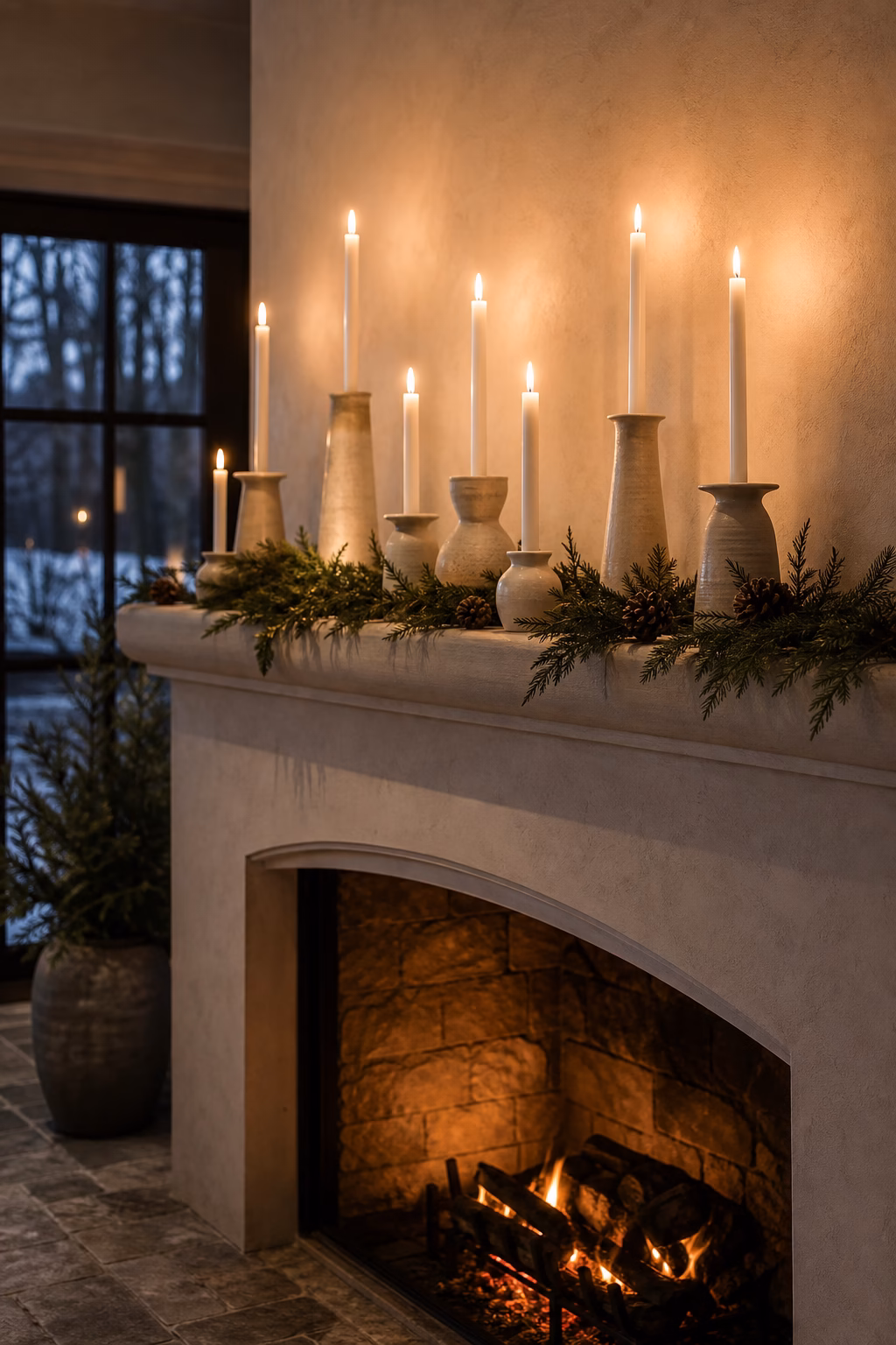 Stoneware candle holders adding warmth to a Christmas mantel
