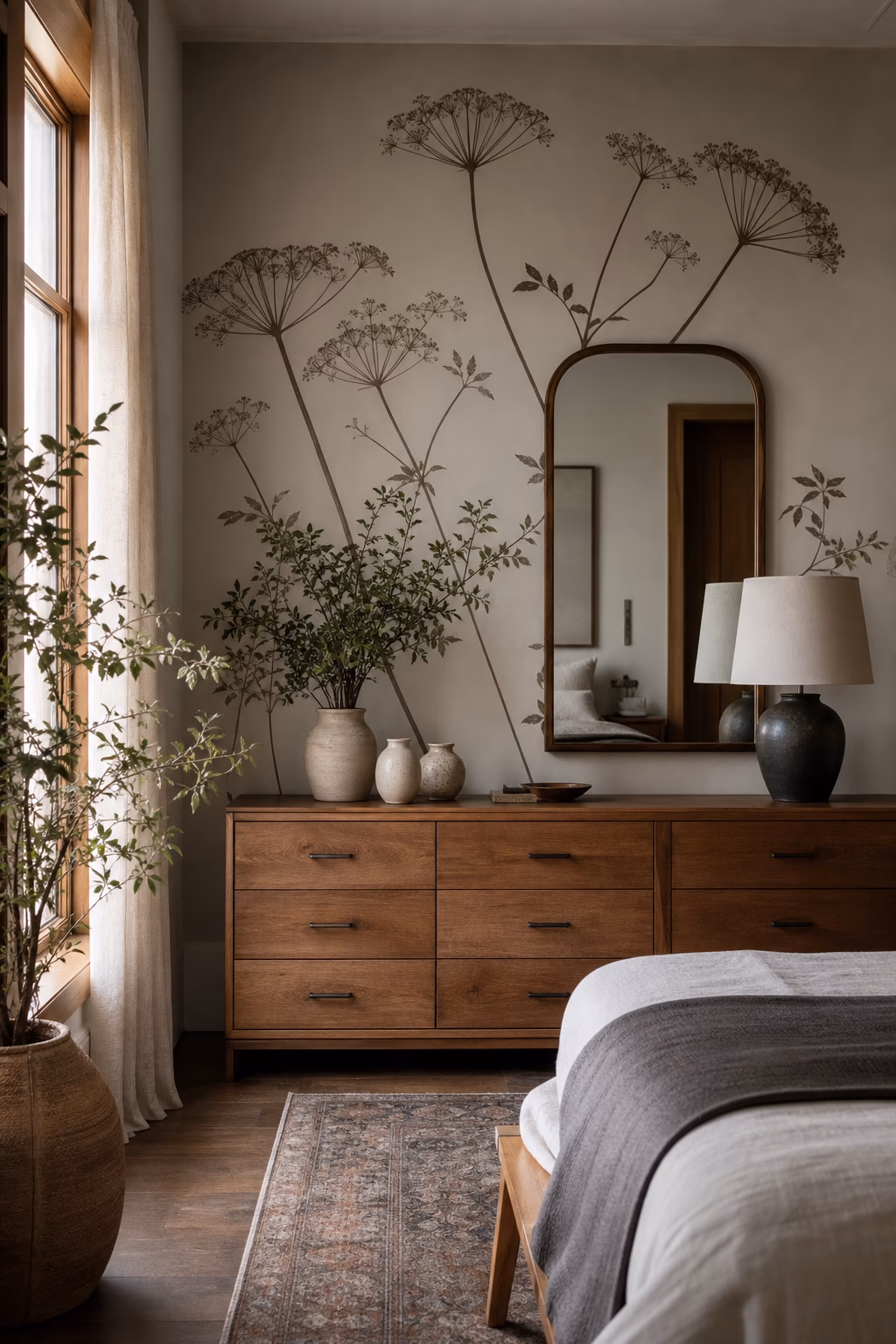 Oversized botanical wall decals above a stylish bedroom dresser