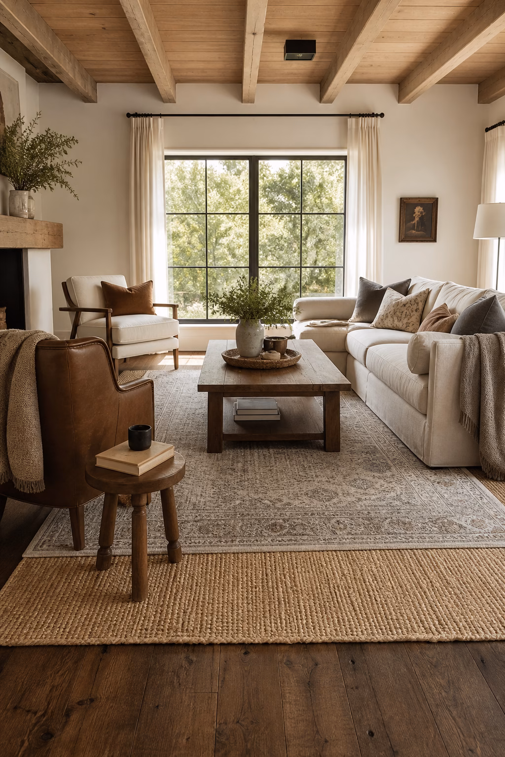 Cozy living room with layered neutral rugs anchoring the sofa and chairs.