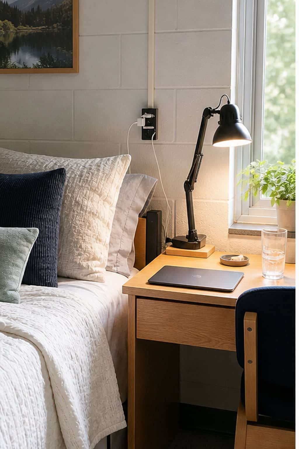 Dorm desk used as a bedside landing zone with a clamp lamp and organized charging cords.