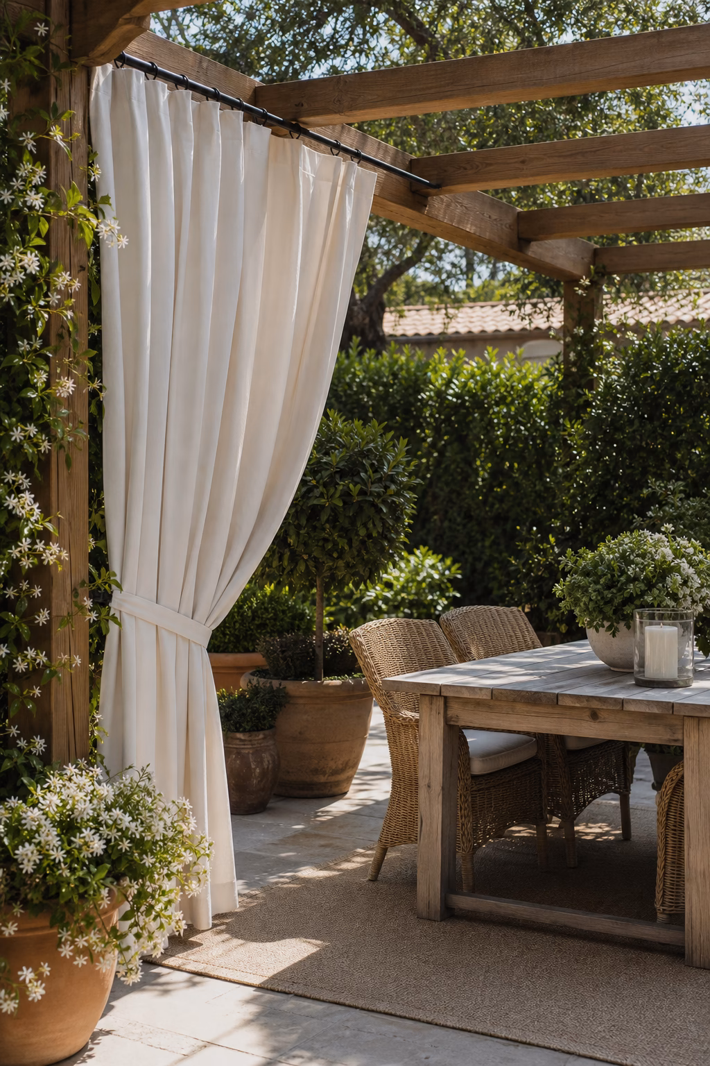 Outdoor curtains adding privacy to one side of a backyard pergola.