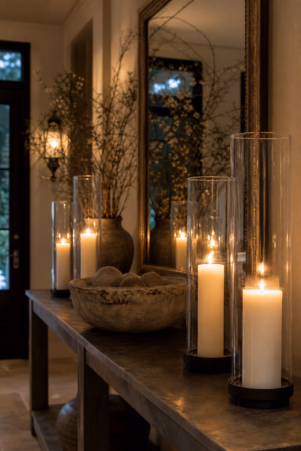 Slim glass hurricane lanterns arranged along an entry console