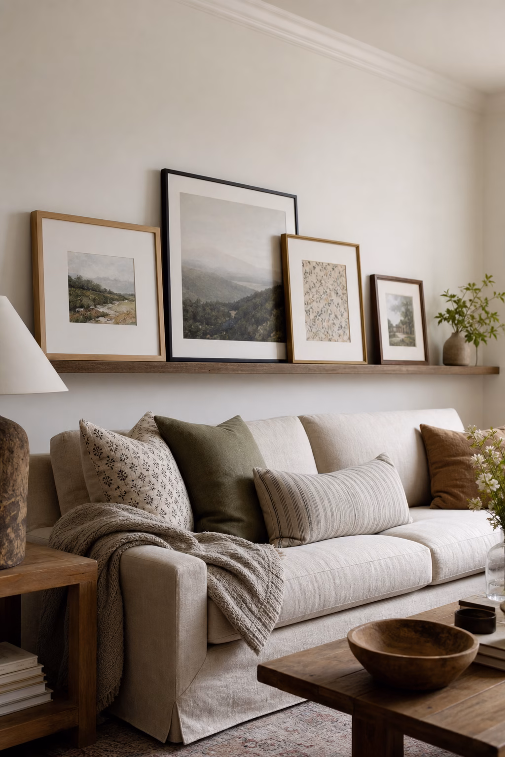 Layered framed artwork leaning on a living room picture ledge