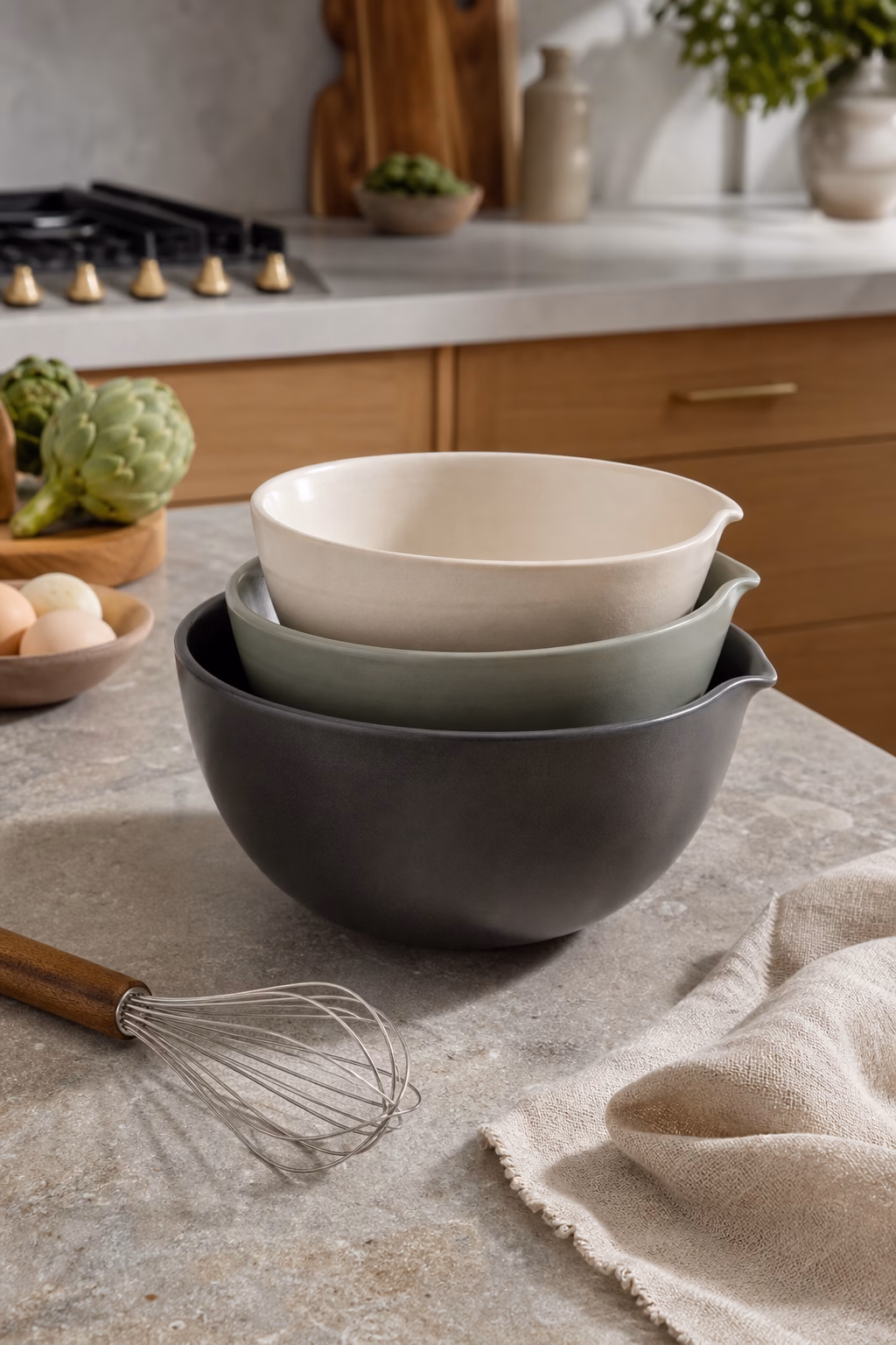 Nested matte ceramic mixing bowls with whisk on a modern kitchen island