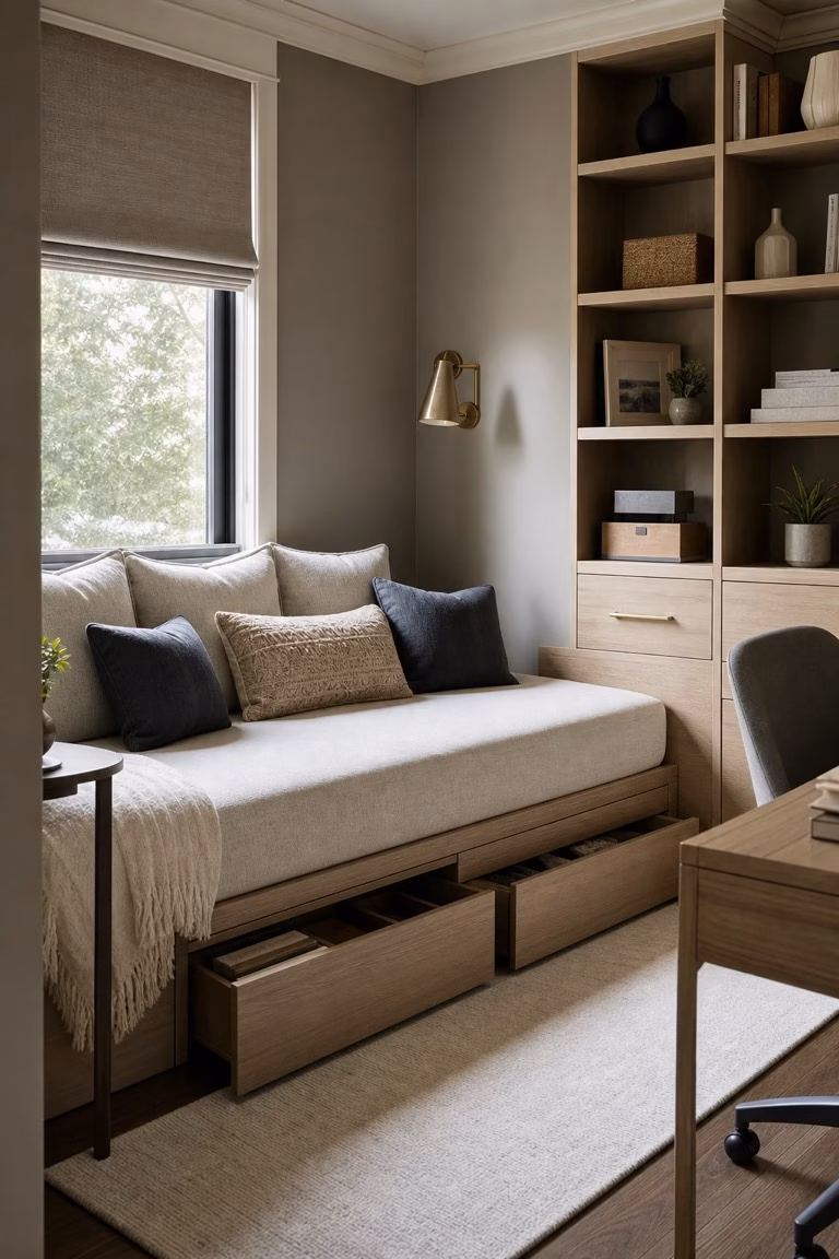 Daybed with built-in storage drawers in a small multipurpose room.