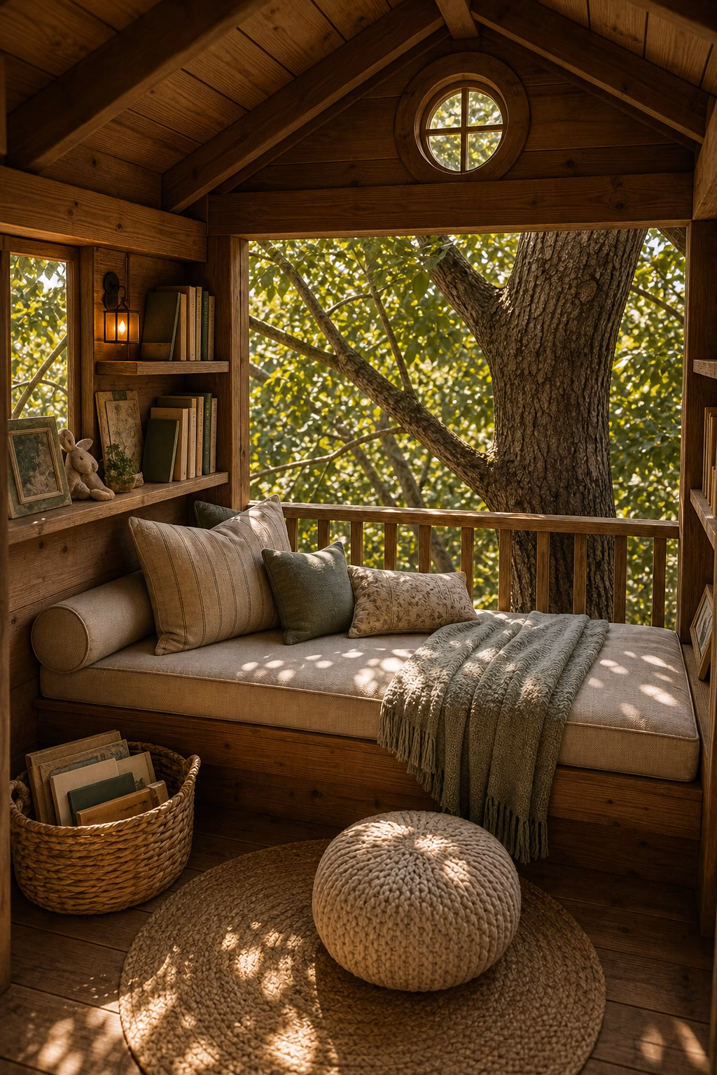 create a reading loft in the trees shown in a polished treehouse with realistic materials and natural light.