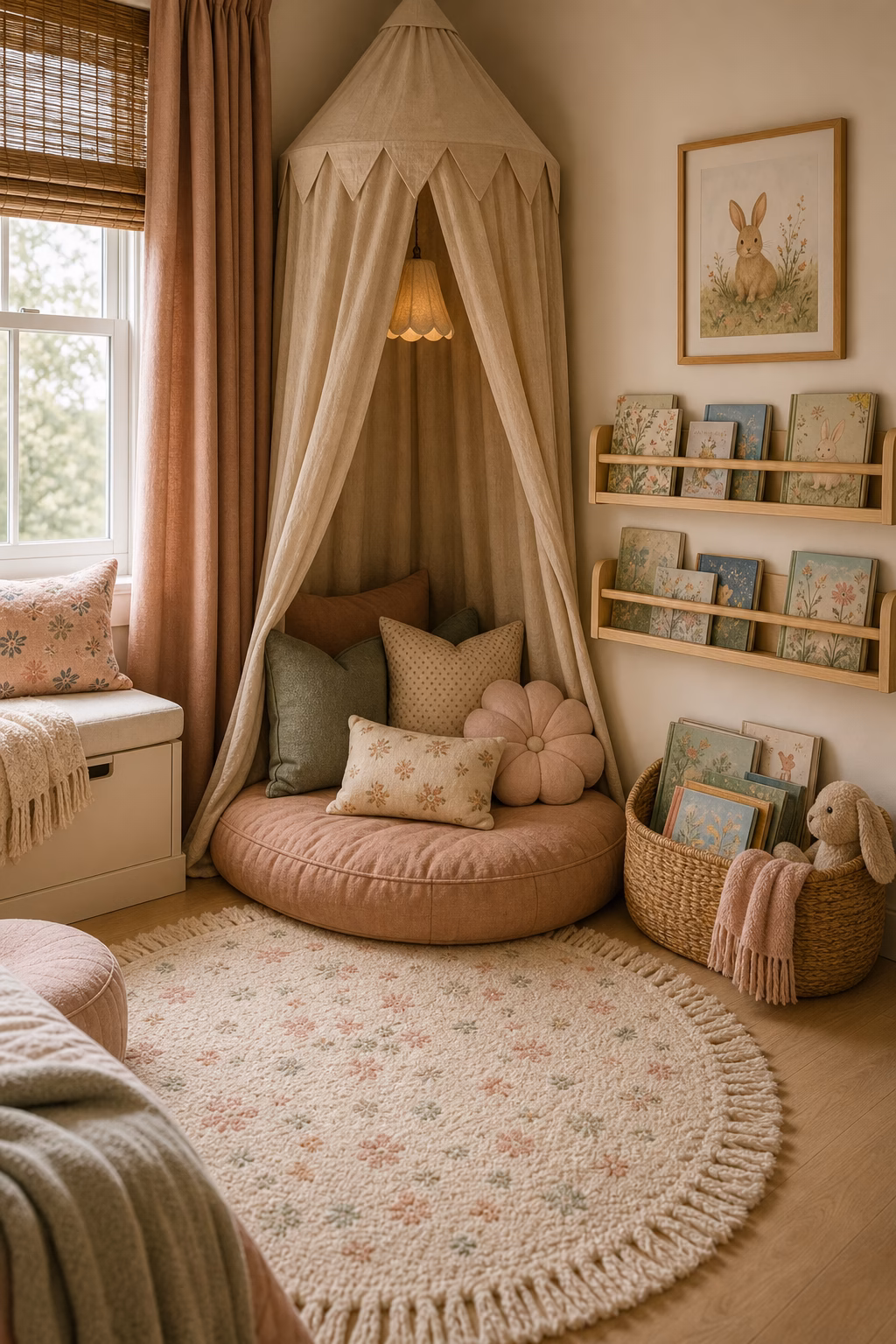 create a reading corner with floor cushions shown in a polished toddler girl bedroom with realistic materials and natural light.