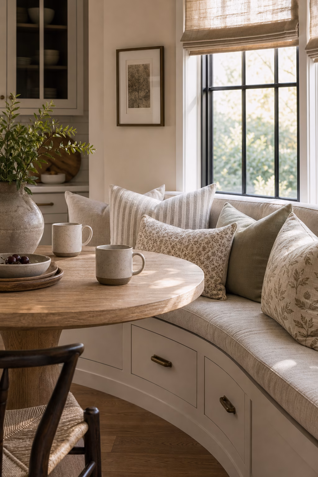Breakfast nook with layered pillows in durable performance fabrics.
