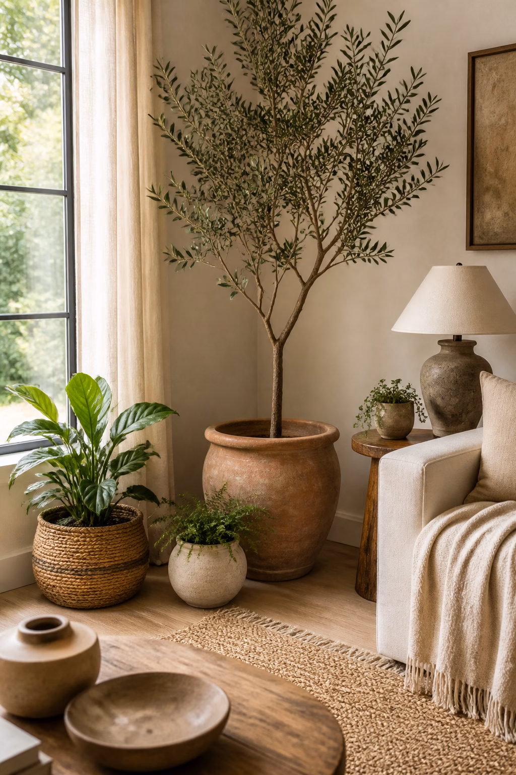 Boho living room corner with olive tree terracotta pots and linen curtains
