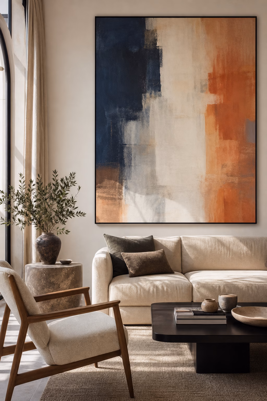 Oversized abstract artwork creating the main color moment in a modern room
