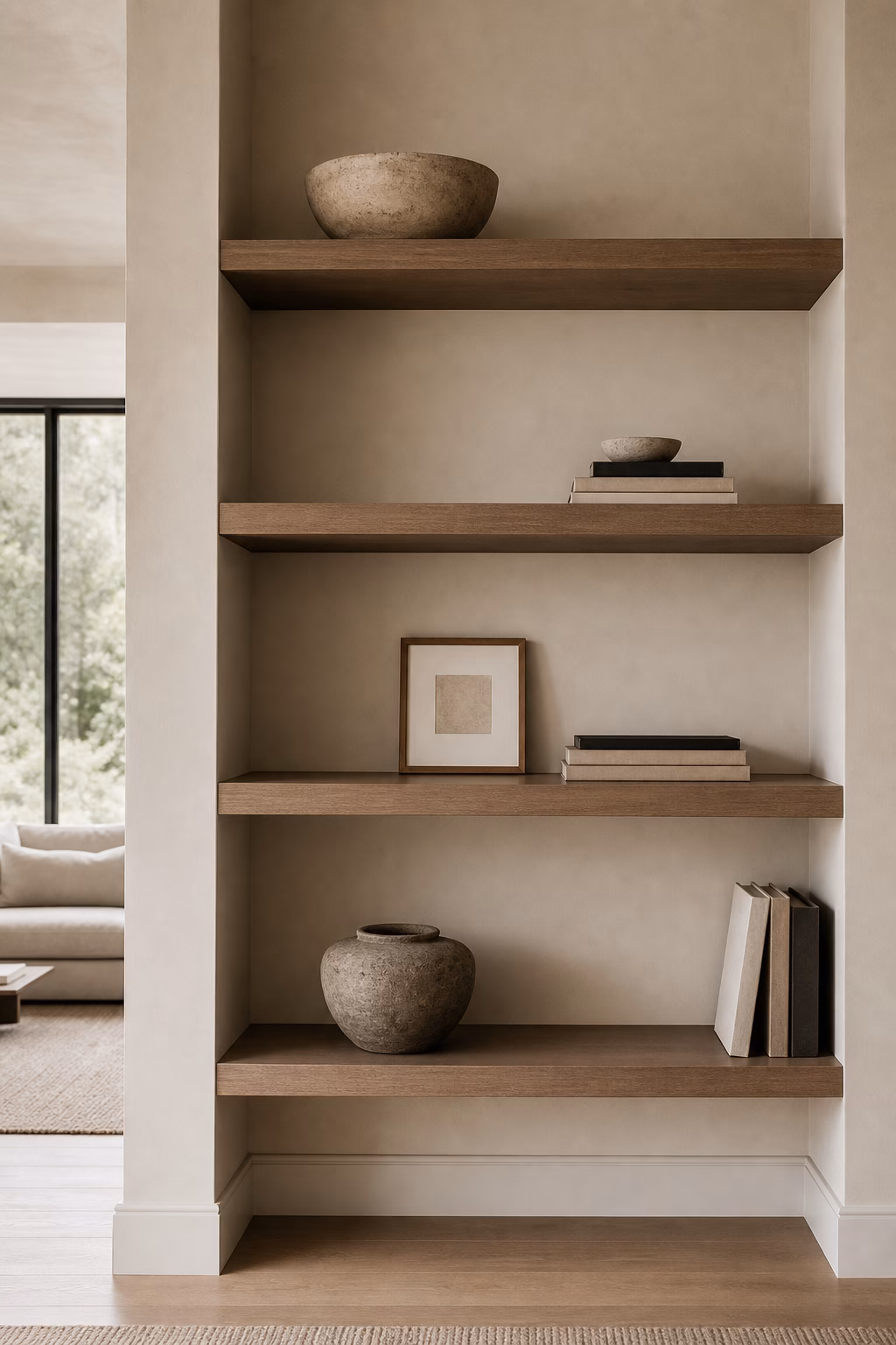 Negative space used intentionally on warm modern built-in shelves
