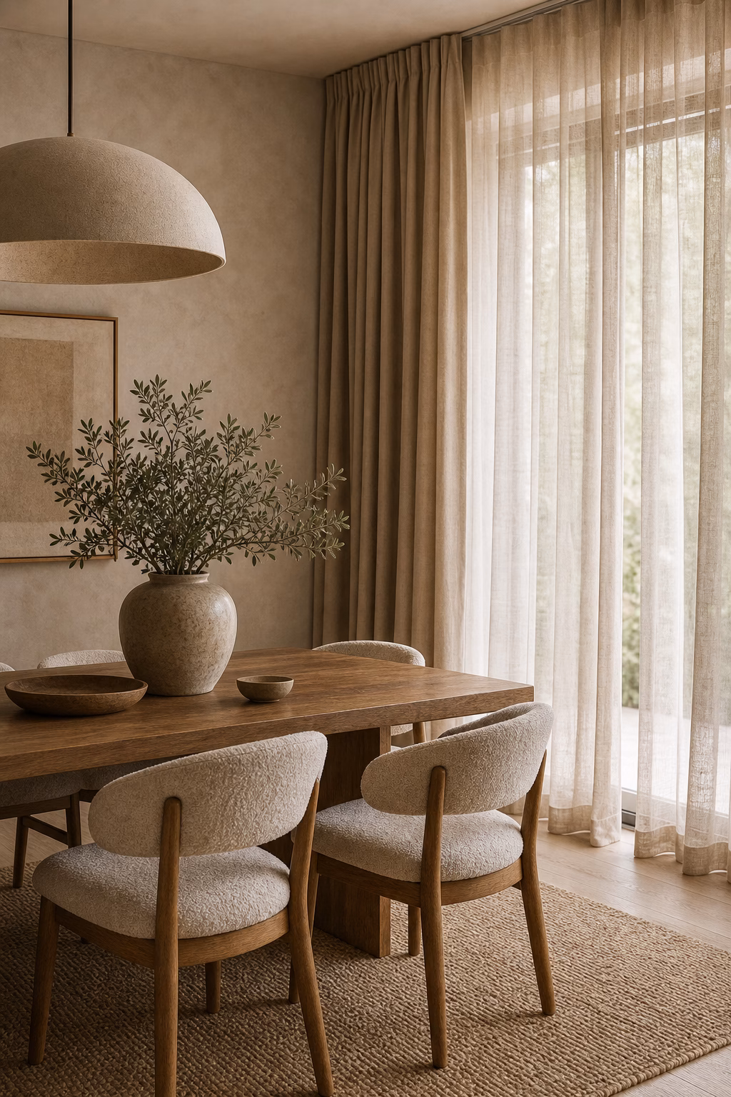 layer linen drapery shown in a polished organic modern dining room with realistic materials and natural light.