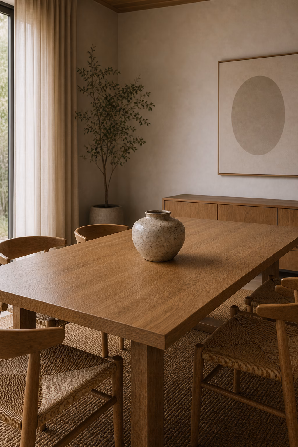 add a single ceramic centerpiece shown in a polished Japandi dining room with realistic materials and natural light.
