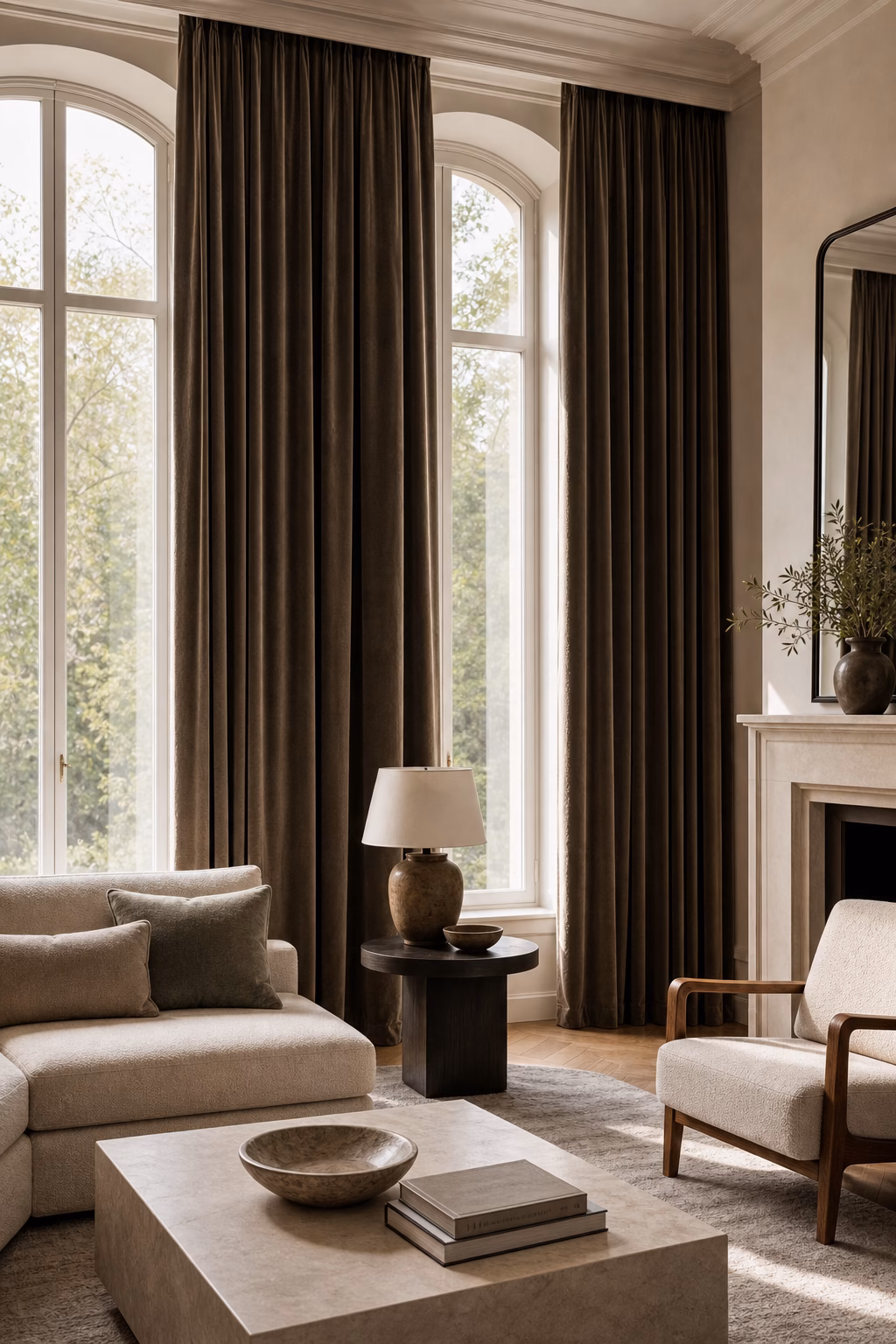 Deep velvet living room curtains framing tall windows with elegant furniture