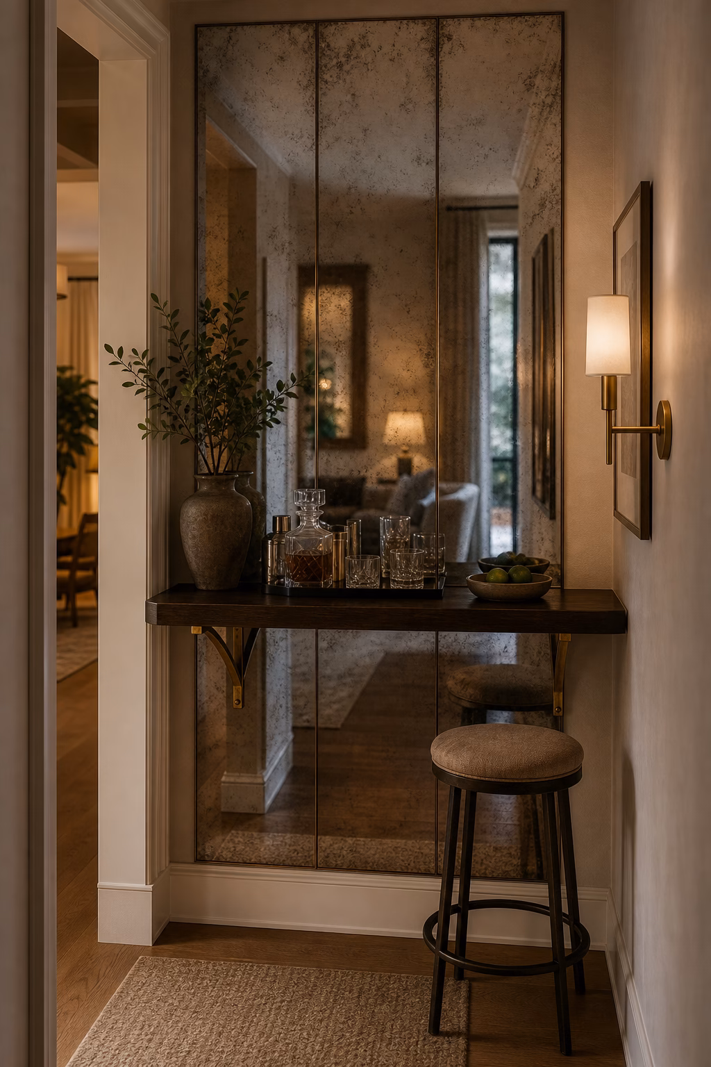Antiqued mirror panels behind a narrow home bar ledge