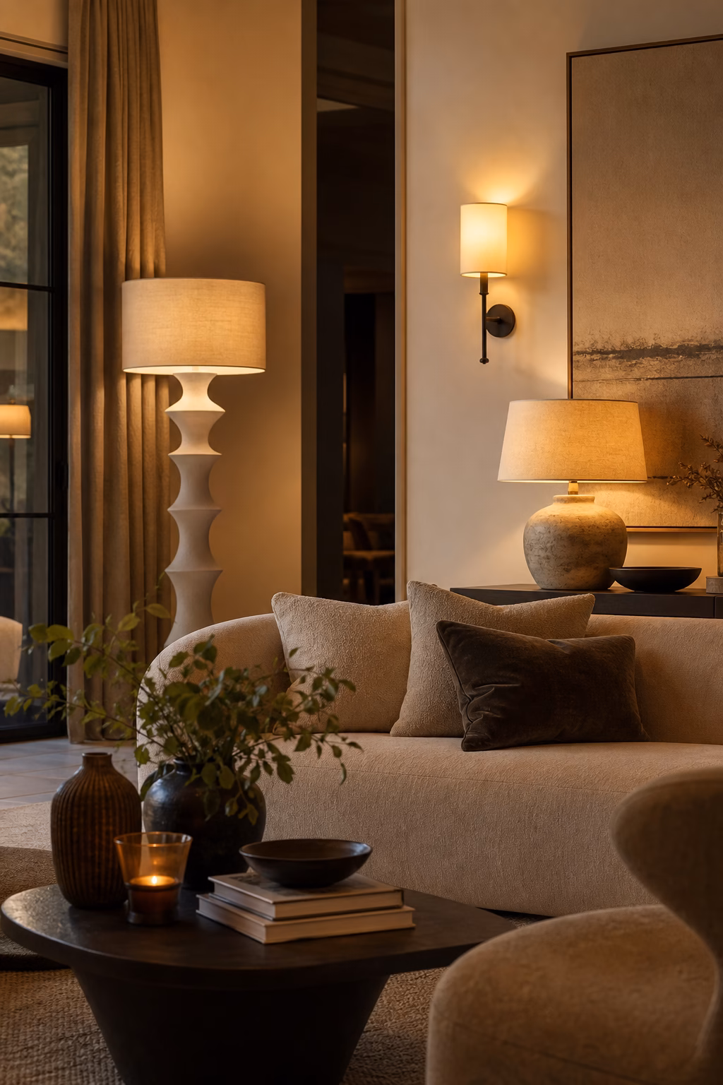 Living room with sculptural floor lamp and layered warm lighting