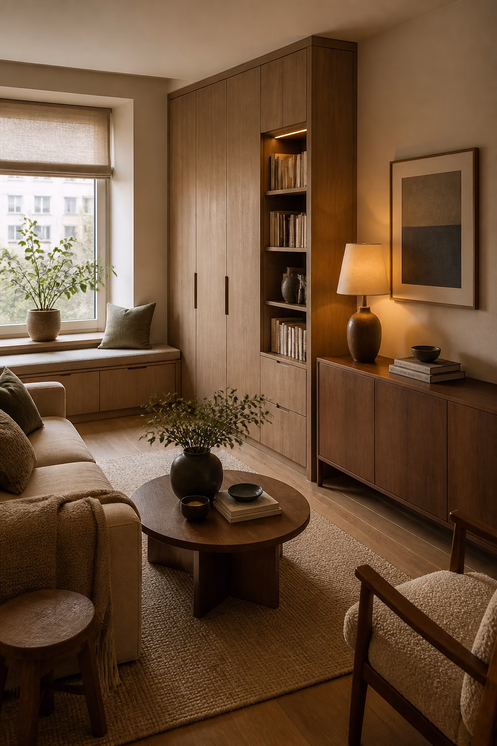 Cozy apartment with storage bench and cabinet styled as furniture