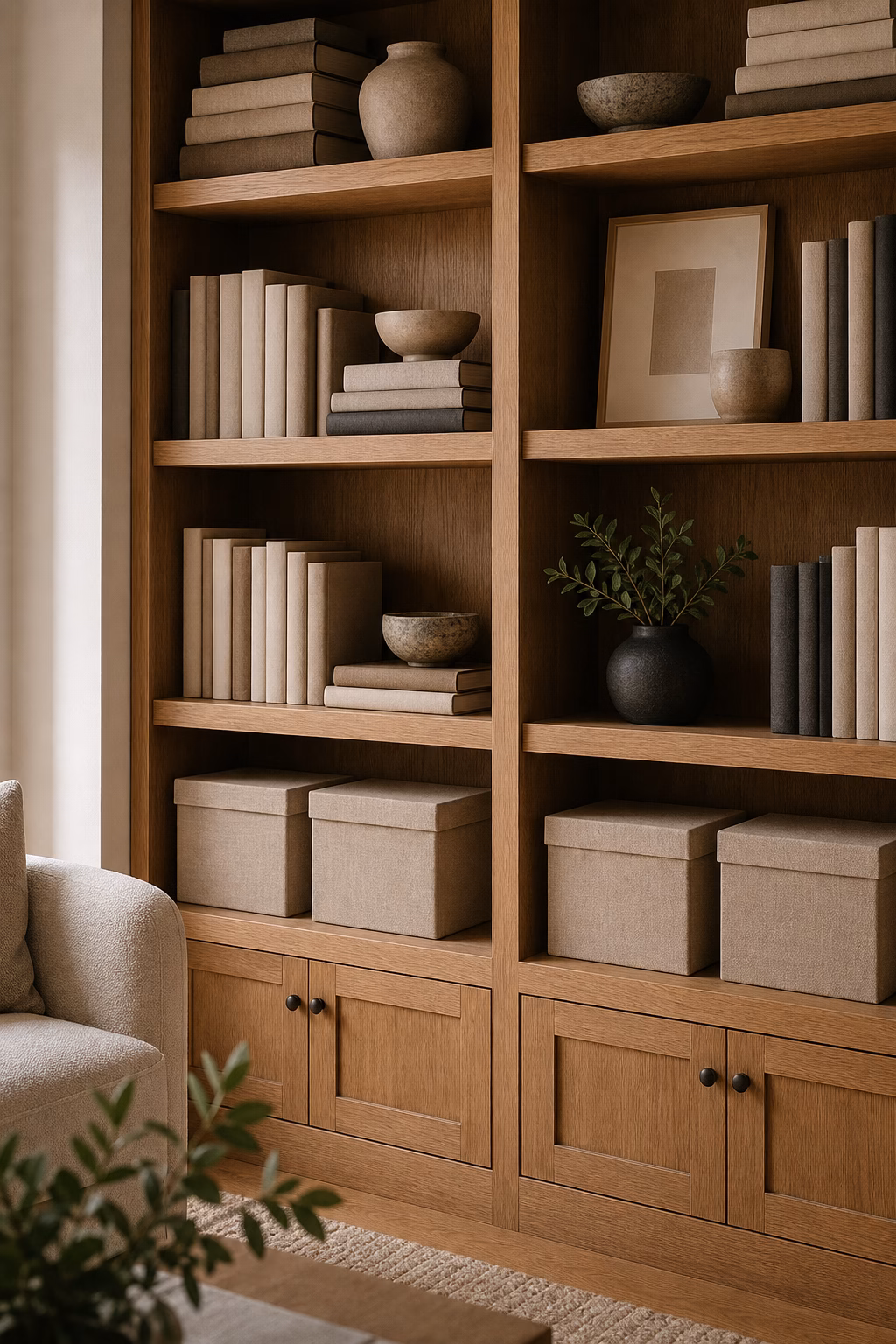 Matching linen boxes hiding small clutter on bookshelves