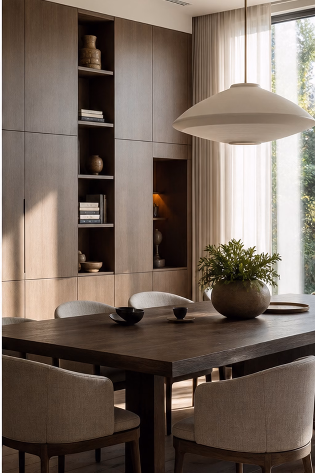 Flexible modern dining room designed for work dining and storage