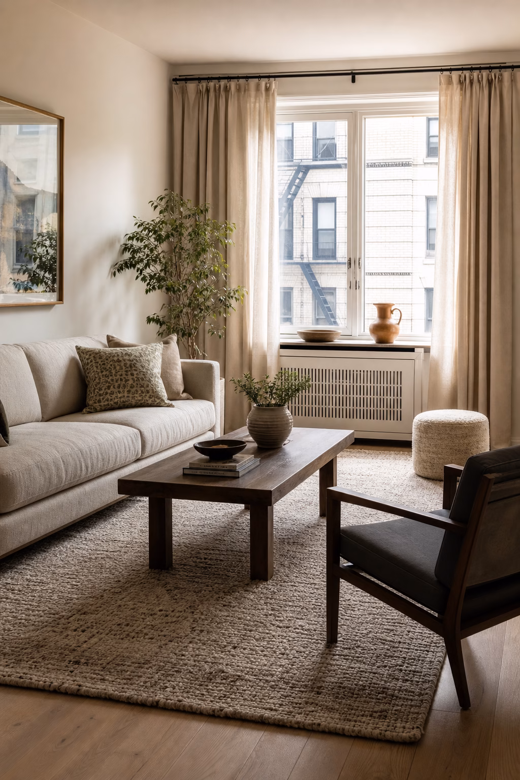 Small apartment seating area anchored by large textured rug