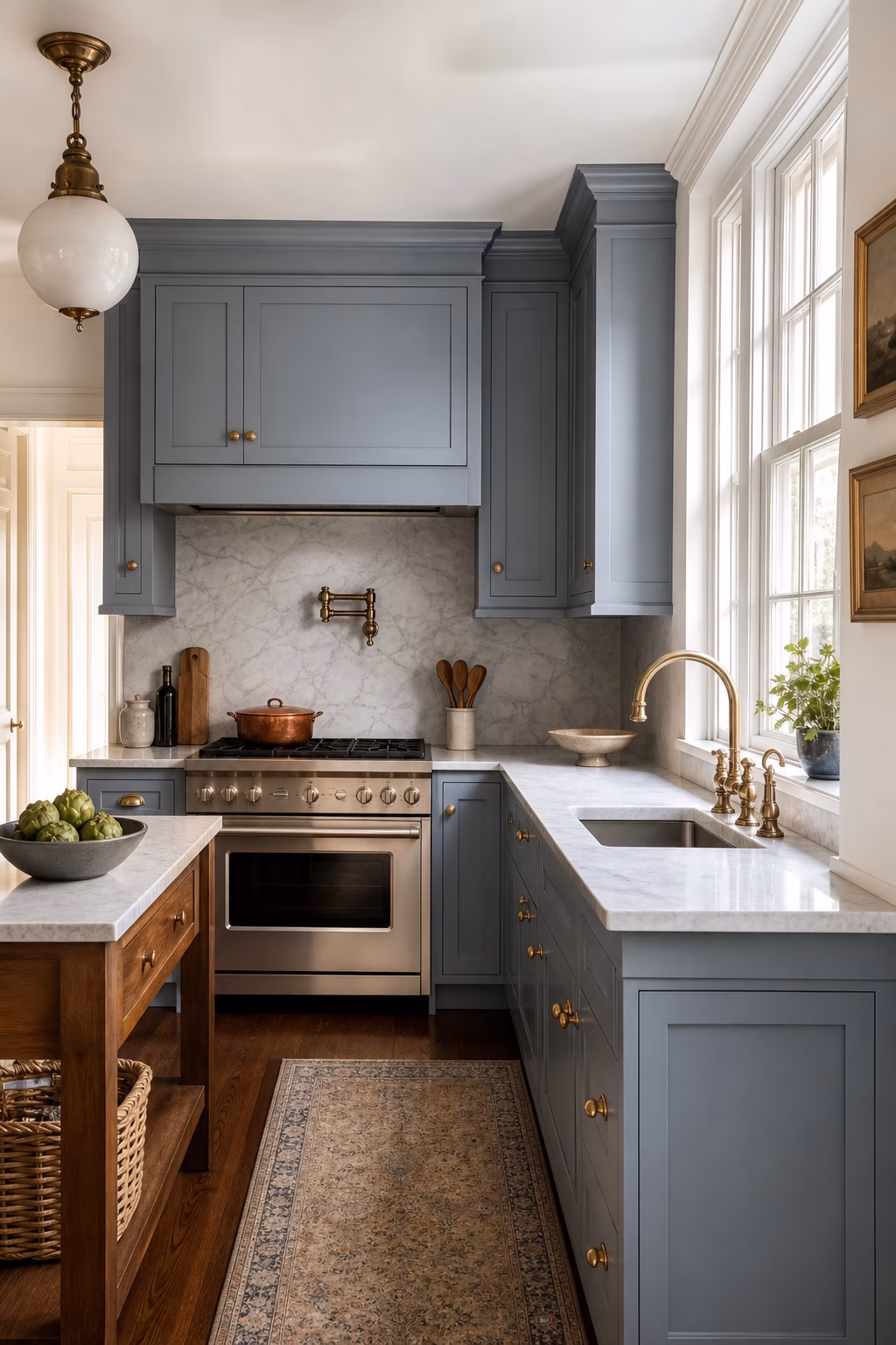Transitional kitchen with blue-gray cabinets, marble counters, and warm hardware.